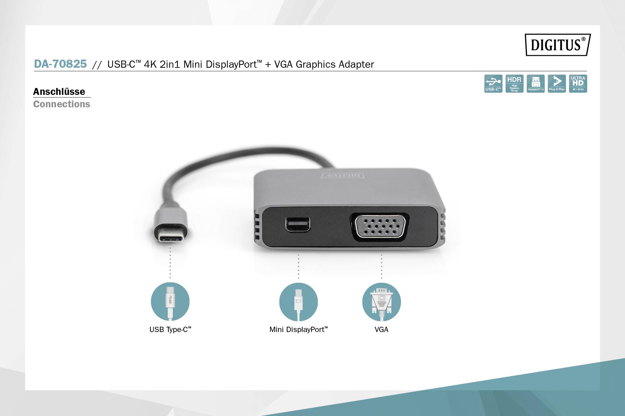 'Digitus USB-C 4K 2-in-1 Mini DisplayPort + VGA Grafikadapter.' Bild zeigt Anschlüsse: USB Type-C, Mini DisplayPort und VGA.