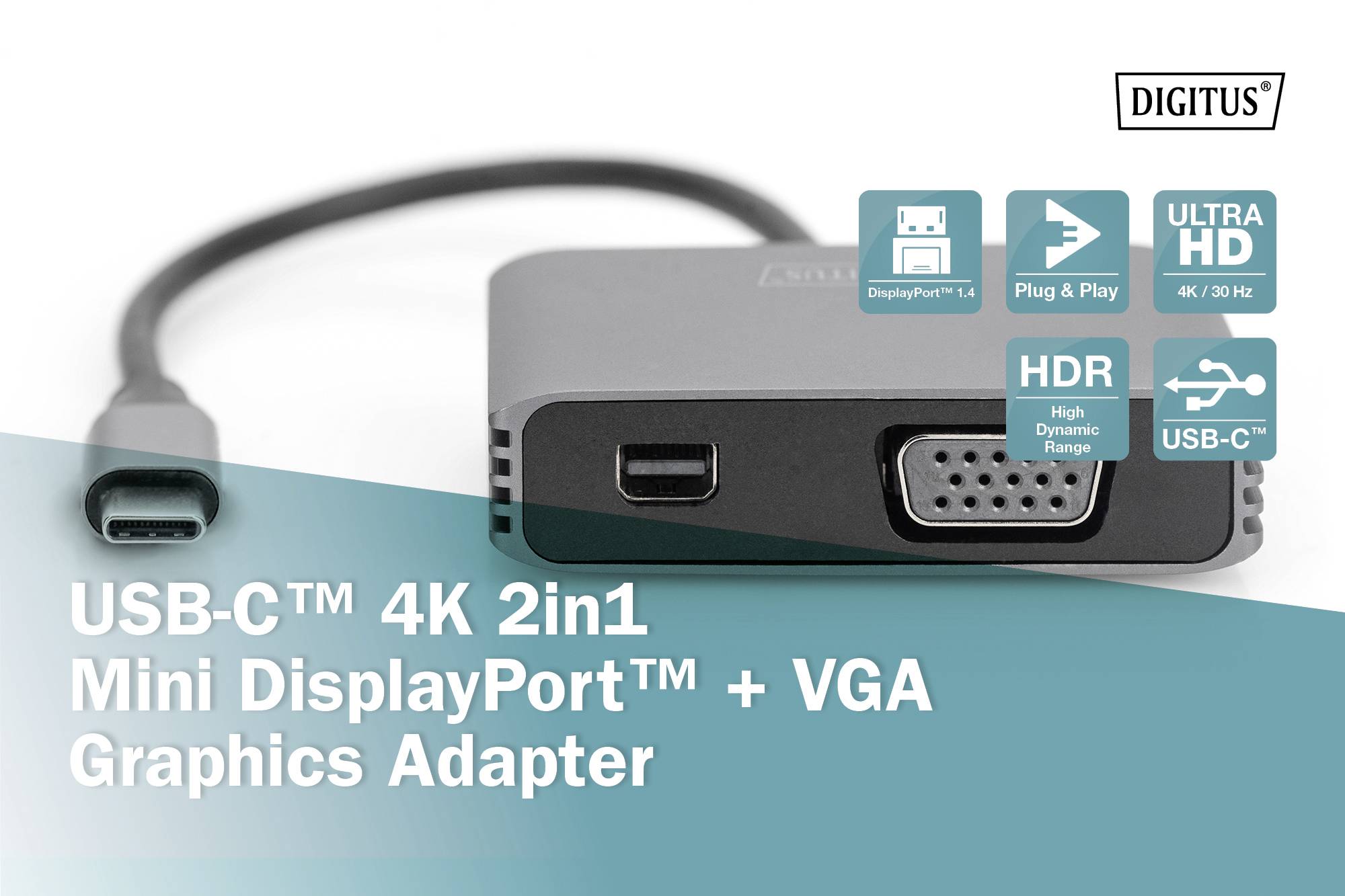 Digitus DA-70825 Mini-DisplayPort / USB-C® / VGA Adapter [1x USB-C® - 2x Mini-DisplayPort Buchse, VGA-Buchse] Schwarz Geschirmt