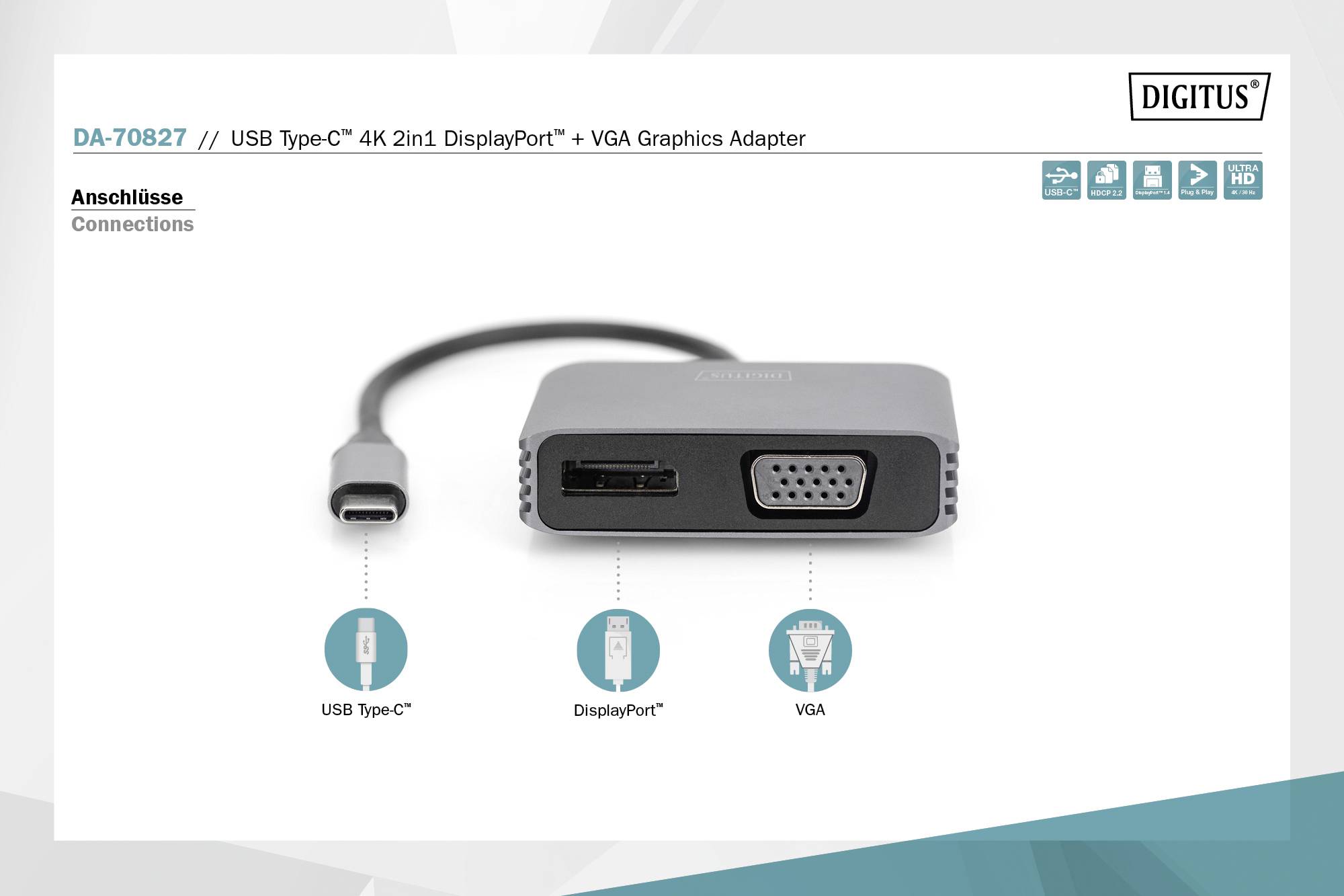 Digitus DA-70827 DisplayPort / RGB / USB-C® Adapter [1x USB-C® - 2x DisplayPort Buchse, VGA-Buchse] Schwarz Geschirmt, Rund 0.2m