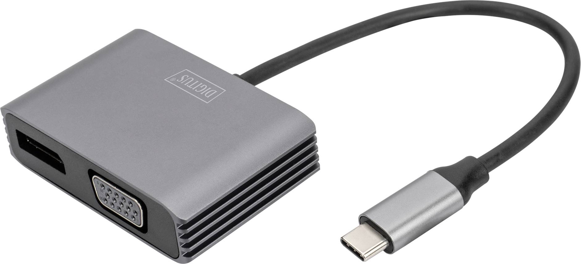 Ein USB-C-Adapter mit VGA- und HDMI-Anschlüssen, geeignet für den Anschluss von Geräten an Bildschirme oder Projektoren.