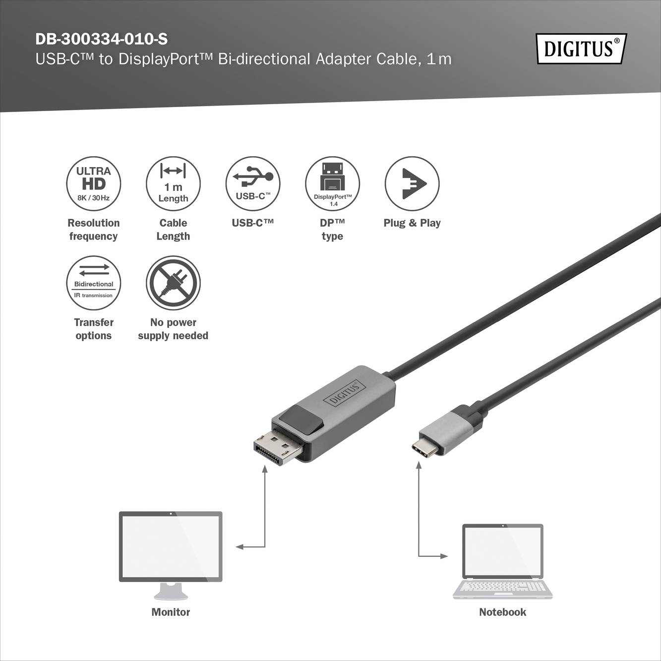USB-C- auf DisplayPort-Adapterkabel, 1 m. Bietet bidirektionale Verbindung zwischen Laptop und Monitor. Unterstützt Ultra HD. Plug & Play.