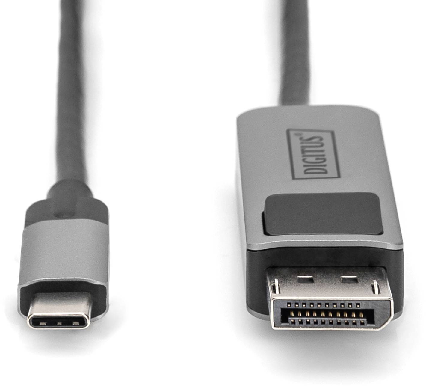 Adapter mit USB-C-Anschluss auf der linken Seite und DisplayPort-Anschluss auf der rechten Seite.