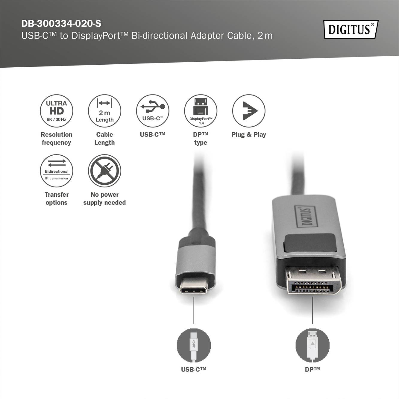 USB-C zu DisplayPort Adapterkabel, 2 m. Unterstützt Ultra HD, Plug & Play, keine zusätzliche Stromversorgung erforderlich.