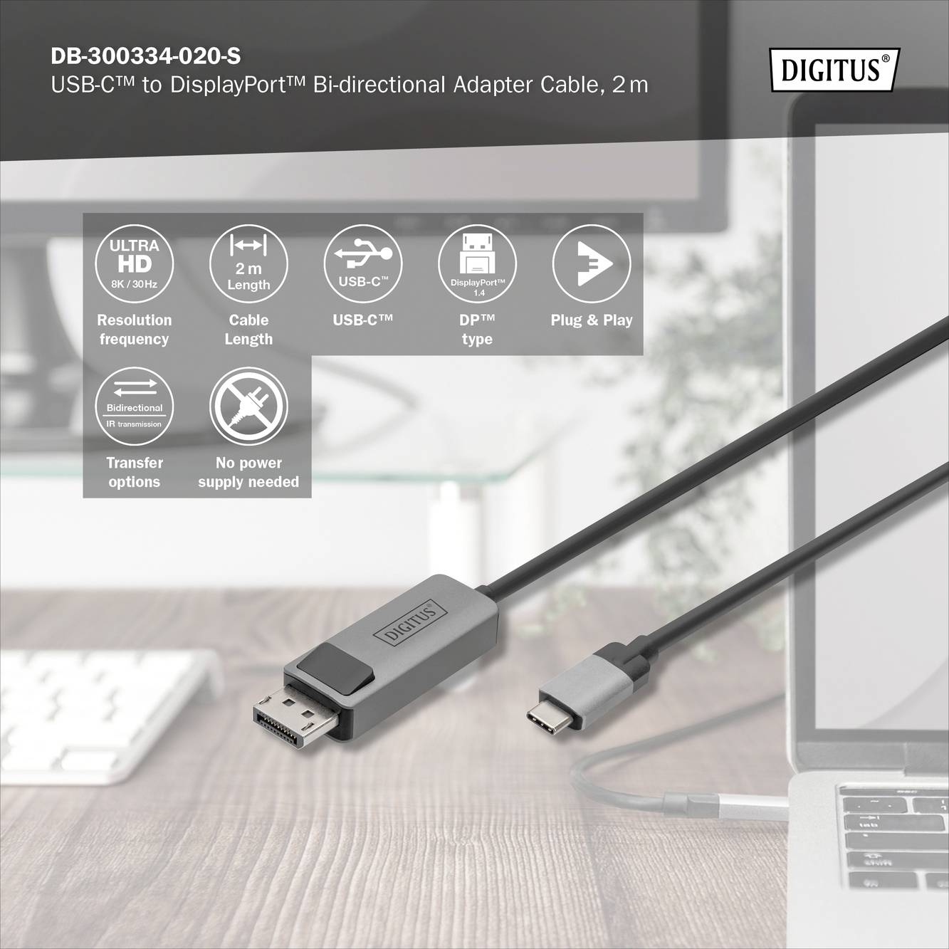 Ein USB-C-zu-DisplayPort-Kabel mit 2 m Länge auf einem Schreibtisch, verbunden mit einem Display, markiert mit 'DIGITUS'.