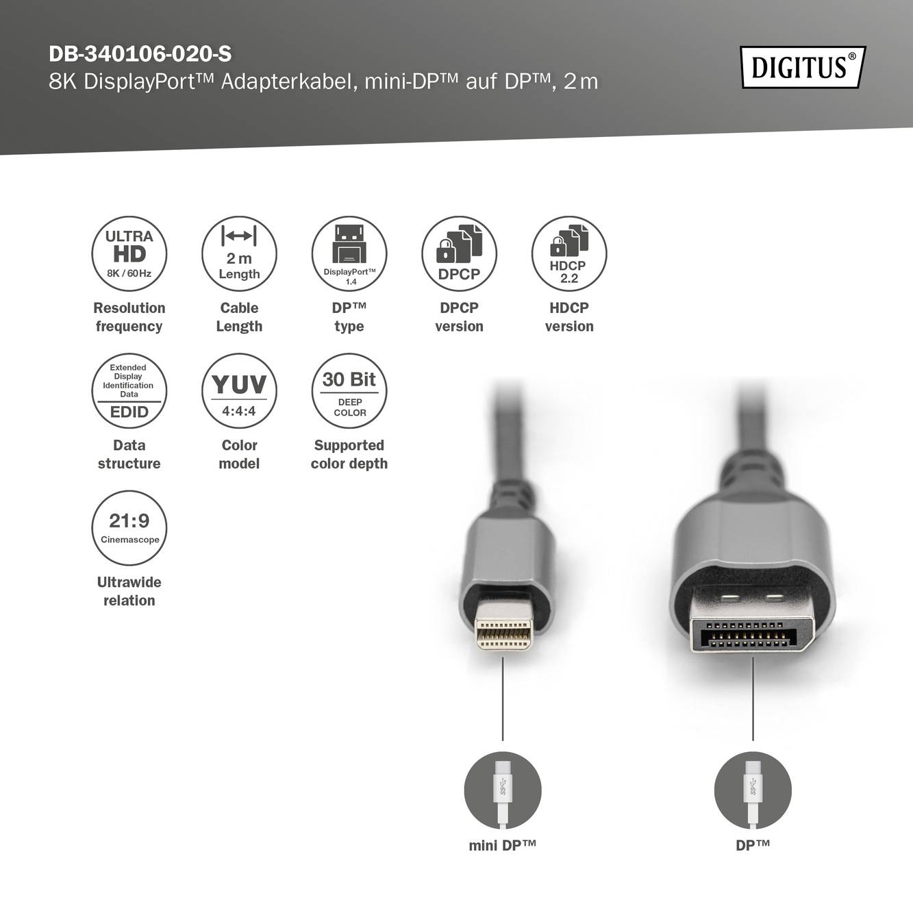 8K DisplayPort Adapterkabel, 2 m, mit mini-DP und DP Anschlüssen. Unterstützt UHD, 30 Bit Farbtiefe, DPCP- und HDCP-Version.