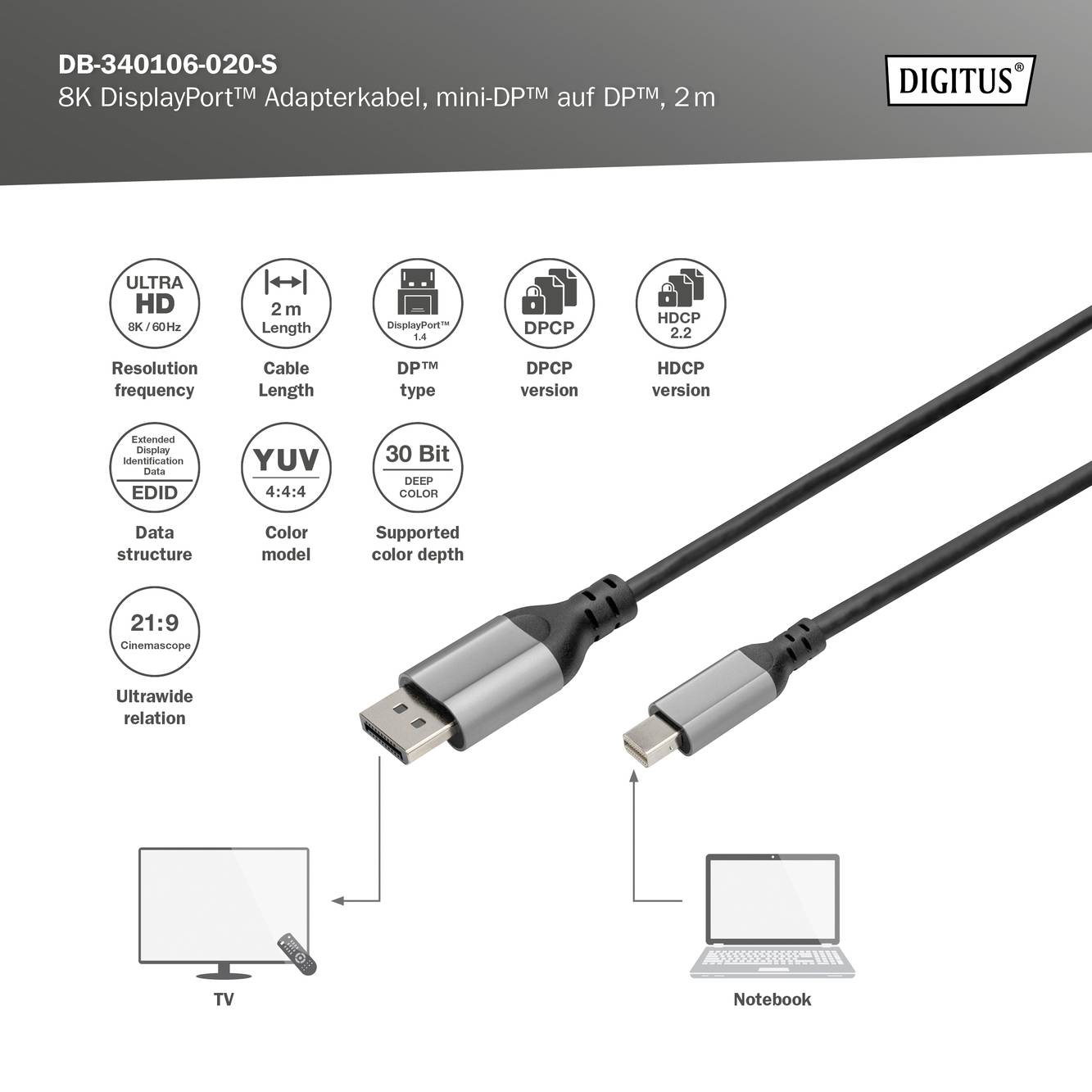 Mini-DisplayPort-auf-DisplayPort-Kabel: Anschlüsse an TV und Notebook, unterstützt 8K-Auflösung, 2 Meter Länge, Farbe Silber.