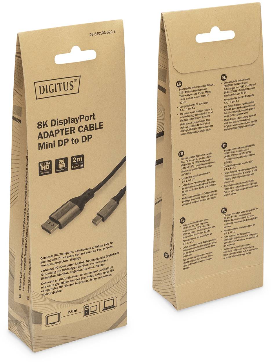 Verpackung eines 8K DisplayPort-Adapterkabels. Markenname oben, Grafik zeigt Kabel mit Steckern. Text mit Produktdetails und Spezifikationen.