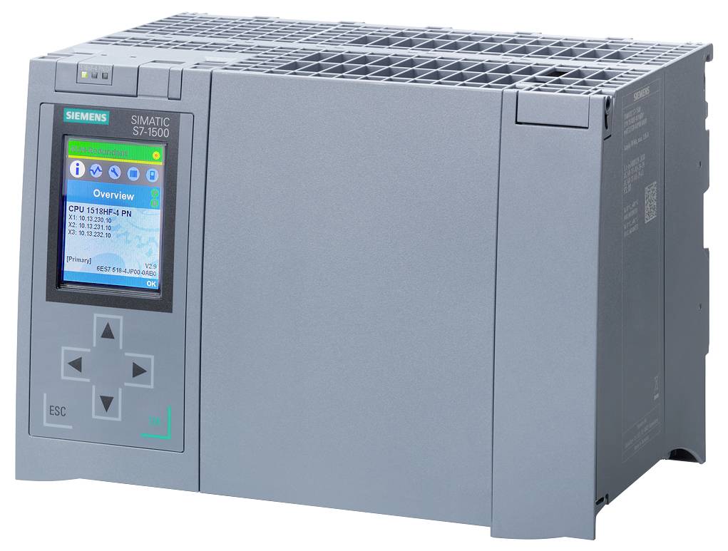 Programmierbare Steuerungseinheit der Serie 'SIMATIC S7-1500' mit Display auf der Vorderseite, zeigt Gerätedetails und Statusinformationen.