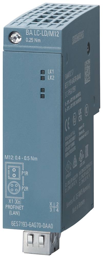 Blauer Siemens-Motorsteuerungsblock mit Anschlüssen und Beschriftungen. Modellnummer '6ES7193-6AG70-0AA0'.