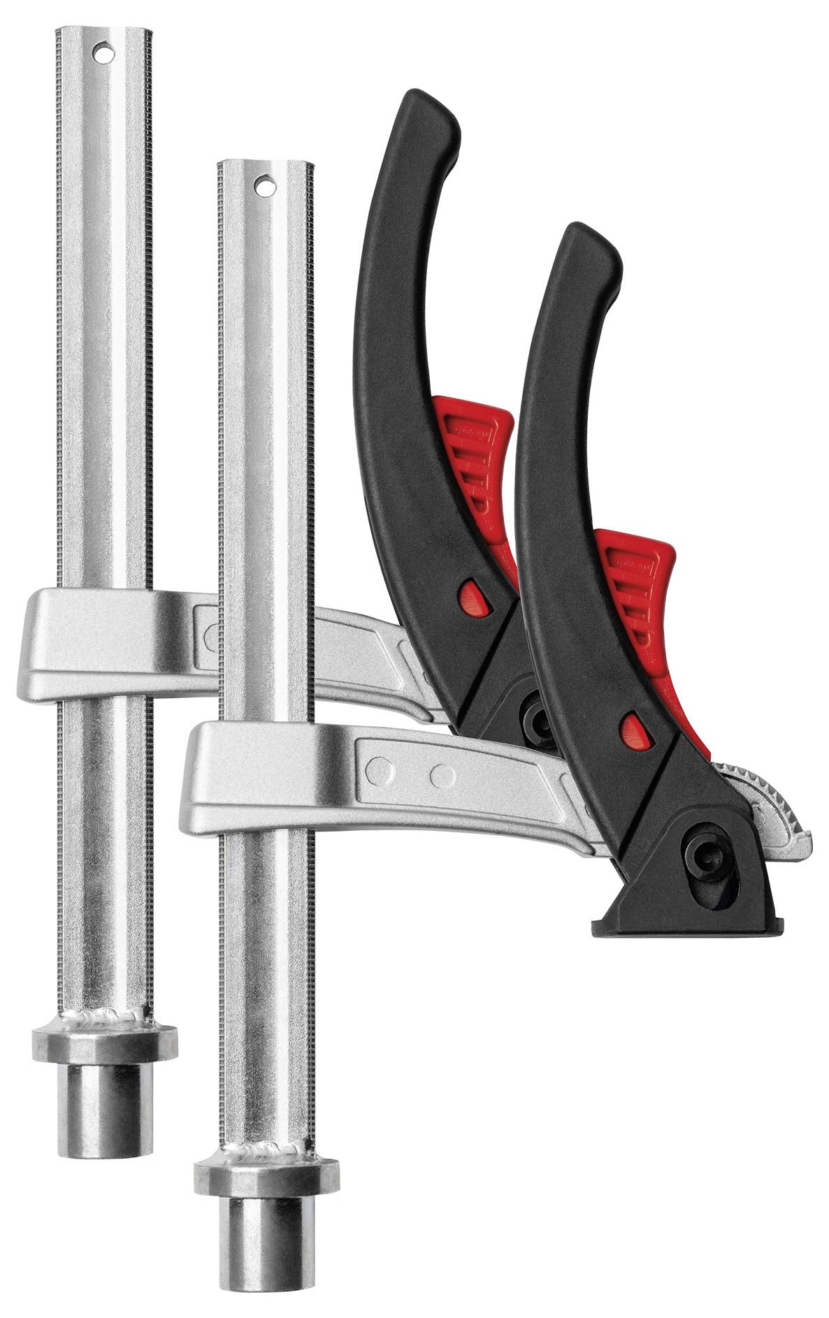 Zwei schwarze und rote Klemmzwingen aus Metall, parallel positioniert, vor weißem Hintergrund.