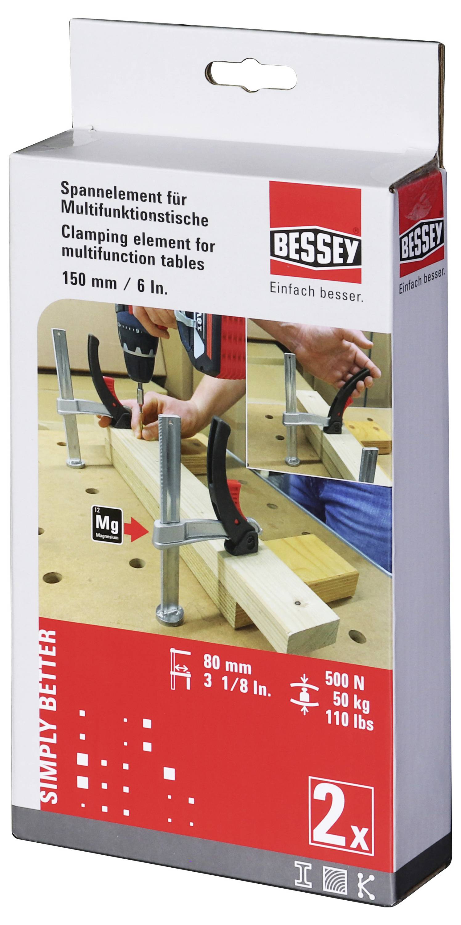 Verpackung eines Spannlements für Multifunktionstische von Bessey. Zeigt das Produkt im Einsatz mit Maßen und Belastbarkeit.