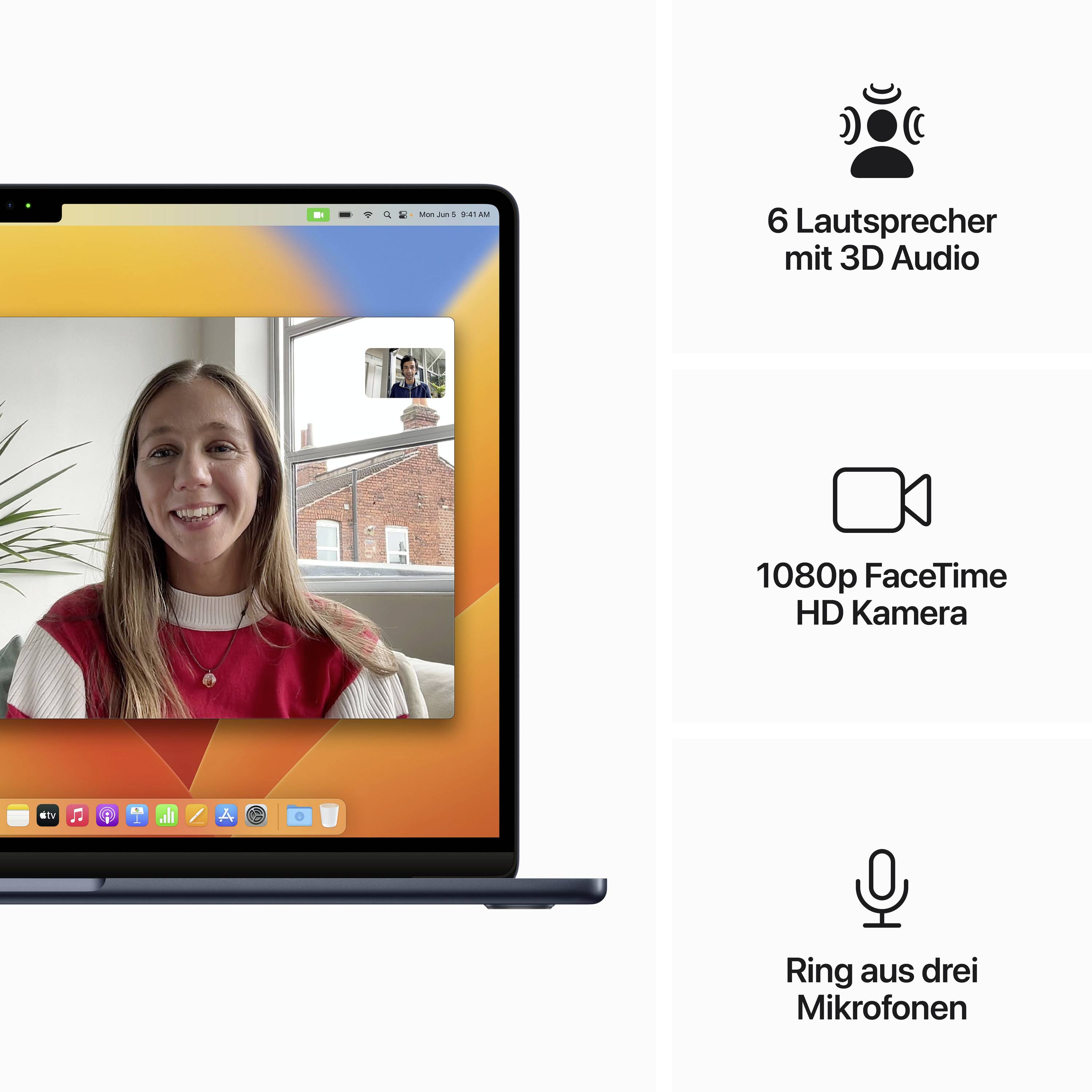 Apple MacBook Air 15 (M2, 2023) 38.9 cm (15.3 Zoll) 8 GB RAM 512 GB SSD 8‑Core CPU 10-Core GPU Mitternacht MQKX3D/A