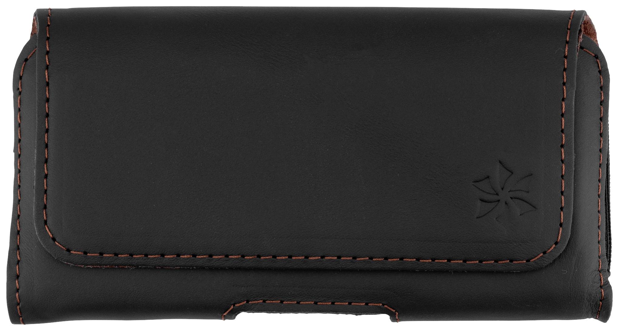 Schwarze Leder-Geldbörse mit gestickten Nähten und geprägtem Sternmuster auf der rechten Seite.