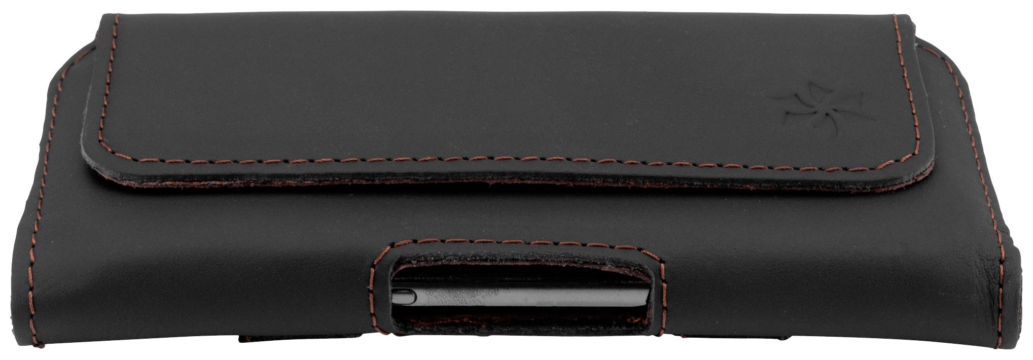 Schwarze Ledertasche mit roter Ziernaht und Klappverschluss; geeignet zum Aufbewahren eines schmalen elektronischen Geräts.