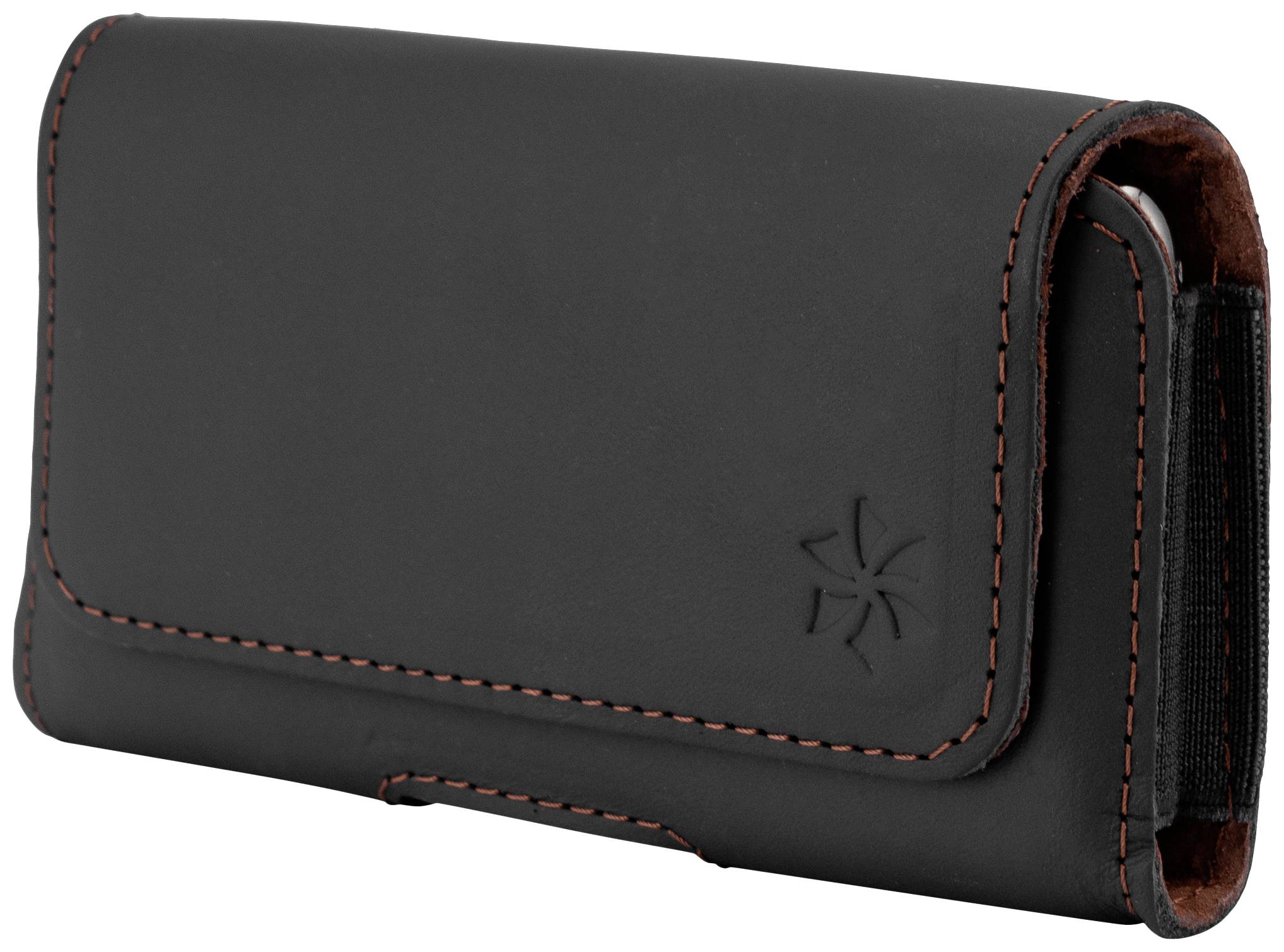 Schwarze Lederhandytasche mit roter Naht und Sternlogo auf der Vorderseite. Geeignet zur sicheren Aufbewahrung und Transport von Smartphones.