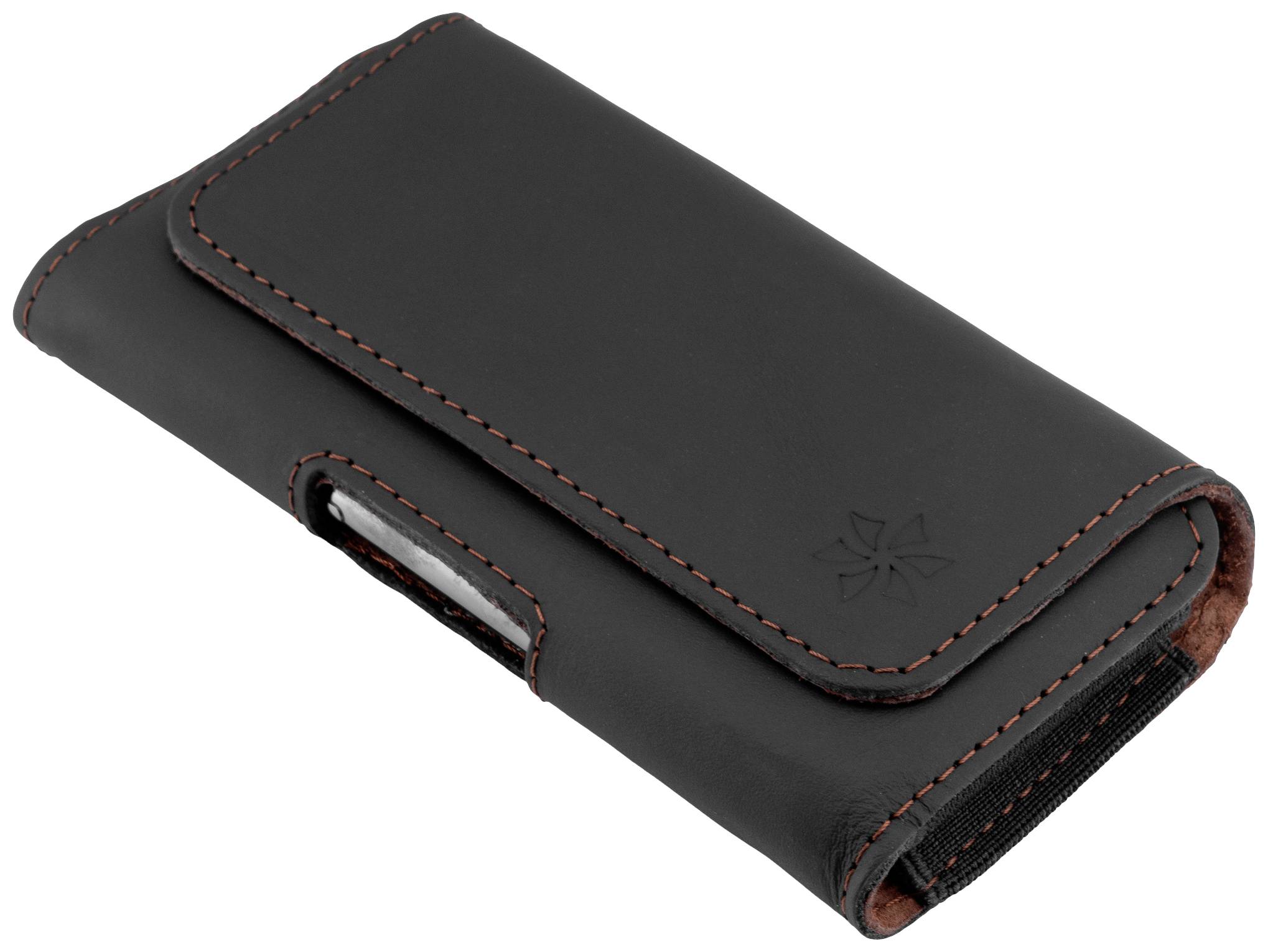 Schwarze Handytasche aus Leder mit roter Naht, leicht geöffnet, um ein Smartphone zu zeigen.