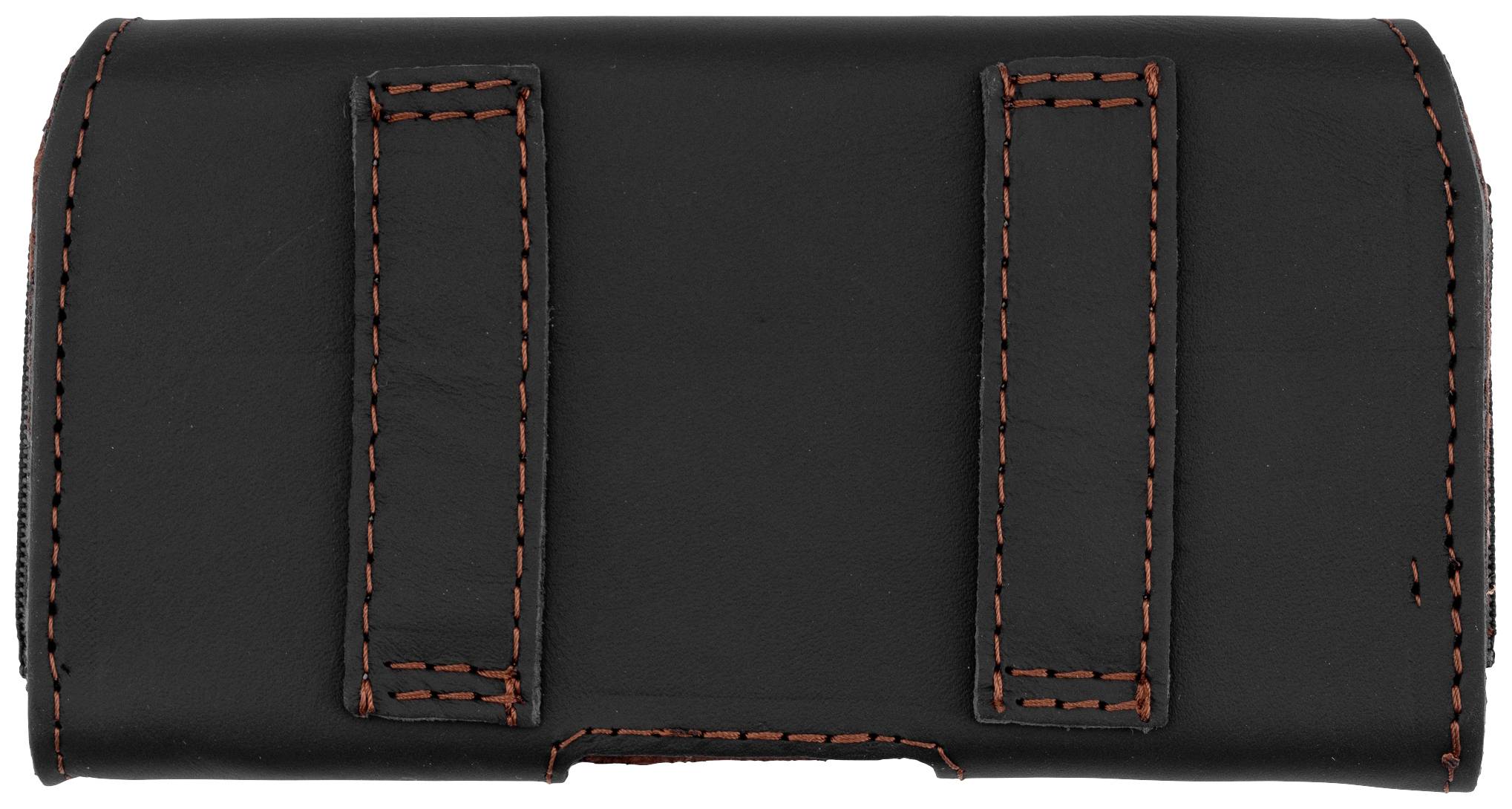 Schwarze Leder-Gürtelhülle mit roten Nähten, geeignet zur Aufbewahrung kleiner Geräte oder Werkzeuge.