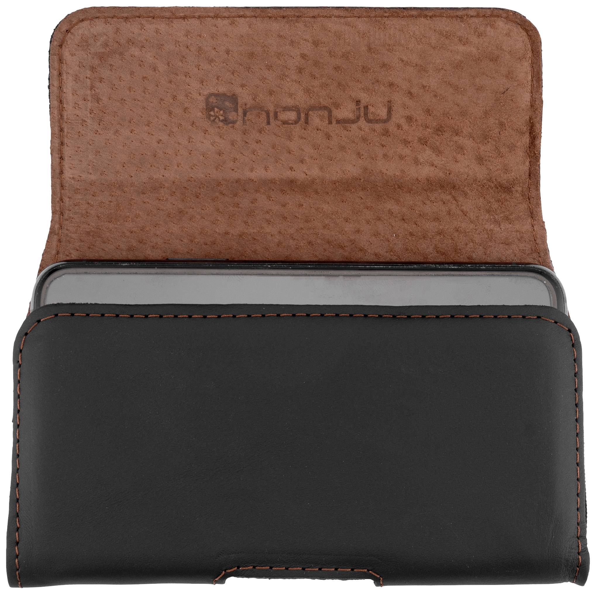 Offene schwarze Ledertasche mit braunem Innenfutter. Oberes Fach zeigt eine glatte Oberfläche, möglicherweise für ein Gerät.