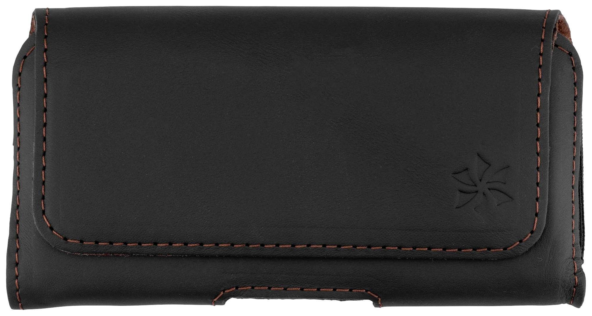 Schwarze Ledergeldbörse mit roter Naht und dezentem Logo-Prägedruck, Vorderseite.