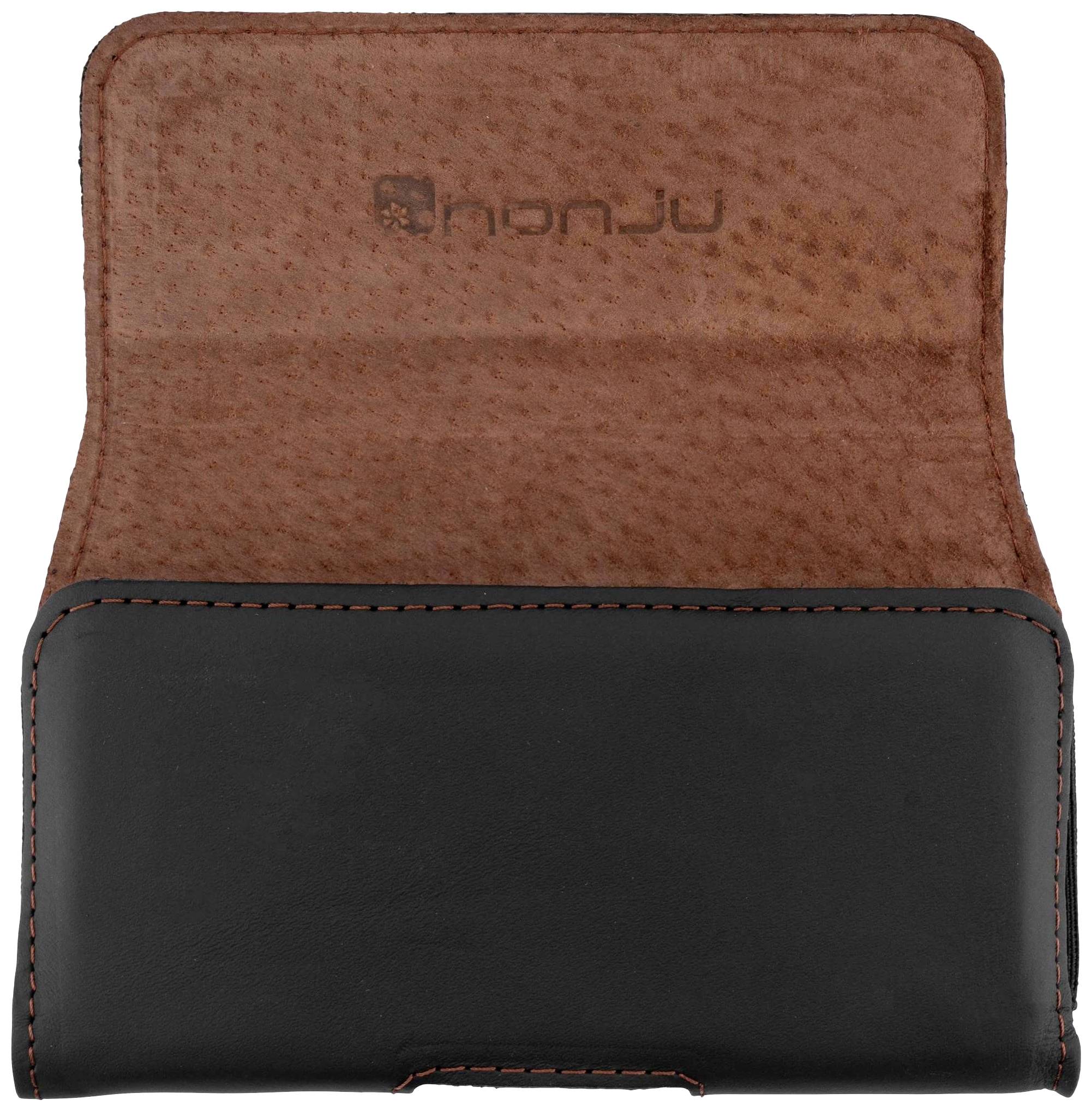 Schwarze Leder-Brieftasche geöffnet, braune Innenseite sichtbar, zeigt geprägtes Logo. Minimalistisches Design, elegante Handwerkskunst.