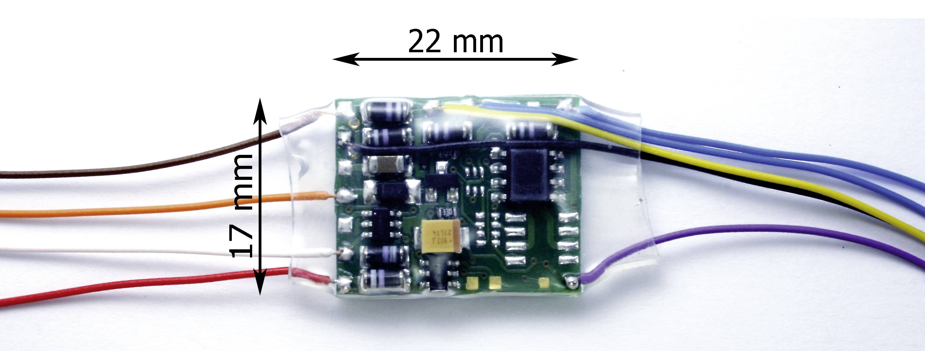 Elektronische Schaltung mit Kabelverbindungen, etwa 22 mm breit und 17 mm hoch. Rechteckige Platine mit verschiedenen Komponenten.
