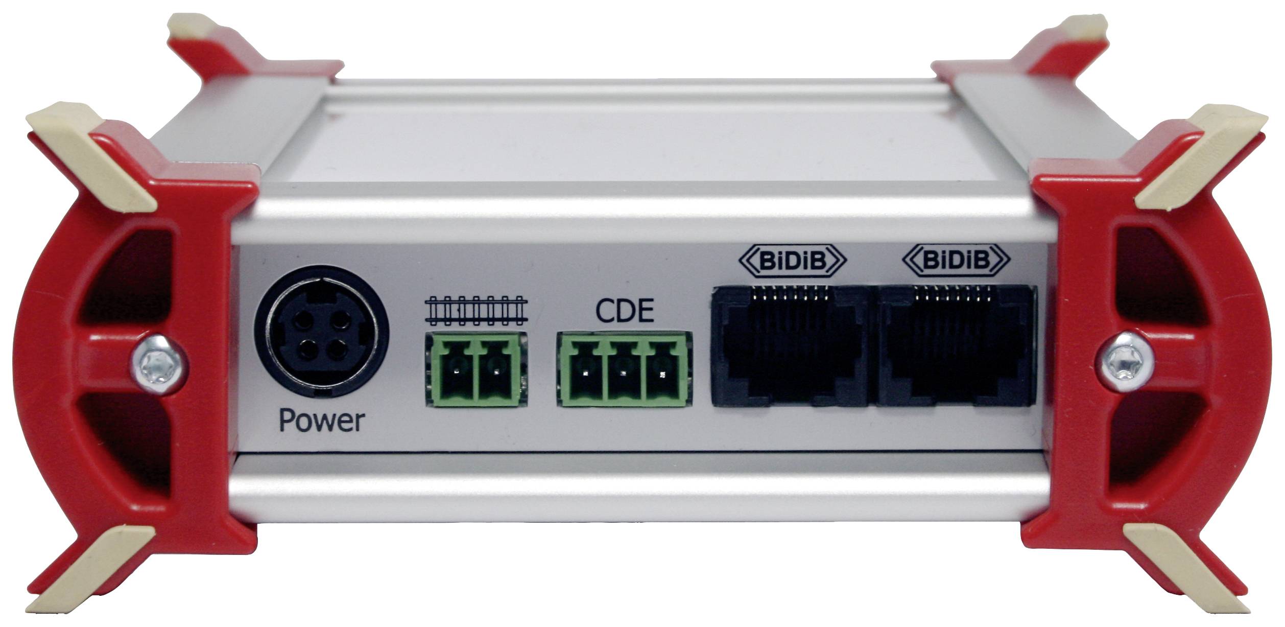 Ein silbernes elektronisches Gerät mit roten Ecken. Es zeigt Anschlüsse für Strom, CDE und zwei BIDIB-Ports an der Vorderseite.