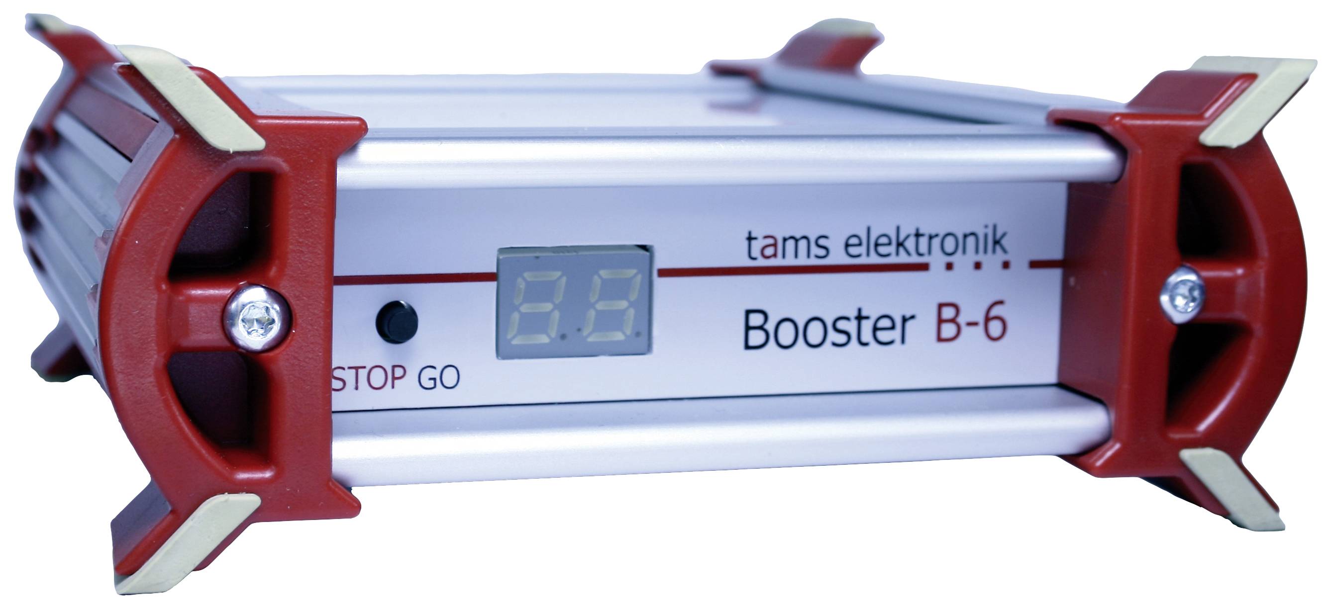 Ein elektronisches Gerät namens 'Booster B-6' mit Digitalanzeige, roten und silbernen Gehäuseelementen, von Tams Elektronik.