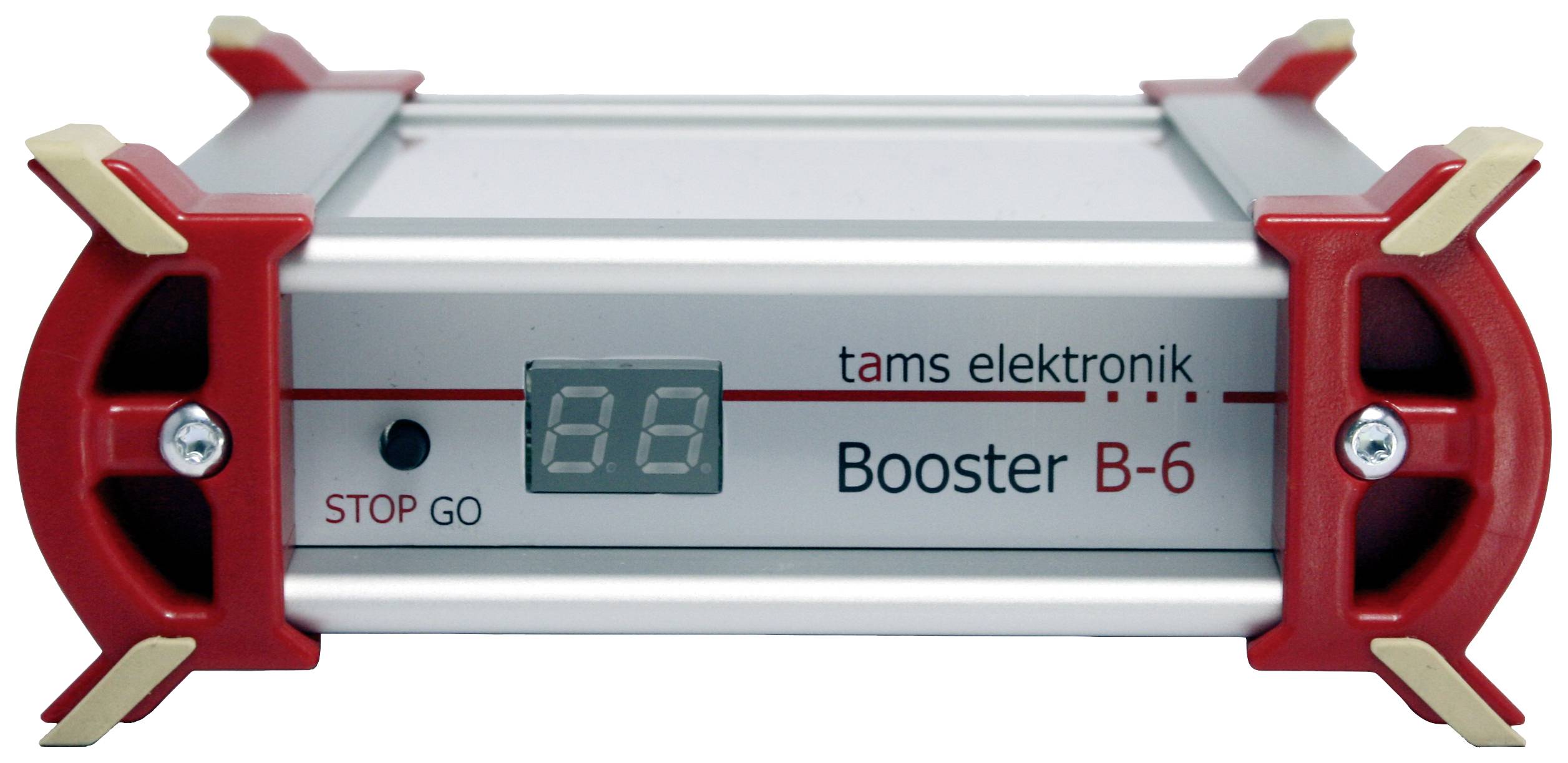 Ein rechteckiger elektronischer Booster B-6 mit roter und silberner Farbe, Markenname 'tams elektronik', LED-Anzeige zeigt '88'.