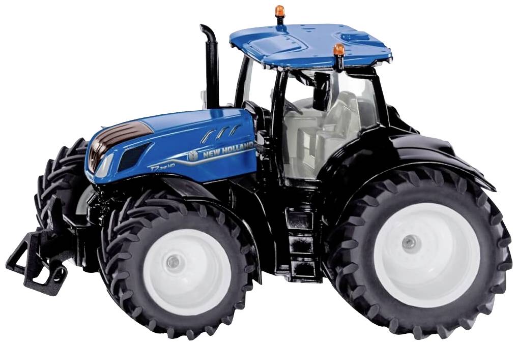 Ein blauer Spielzeugtraktor im Detail, mit großen schwarzen Reifen und einem geschlossenen Fahrerhaus.