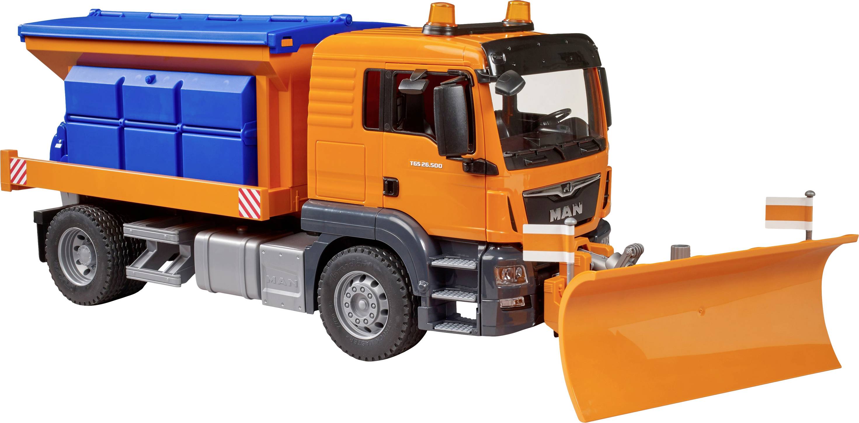 Spielzeug-Schneepflug in Orange und Blau mit beweglichem Räumschild, ideal für realistische Winterspiel-Szenen.