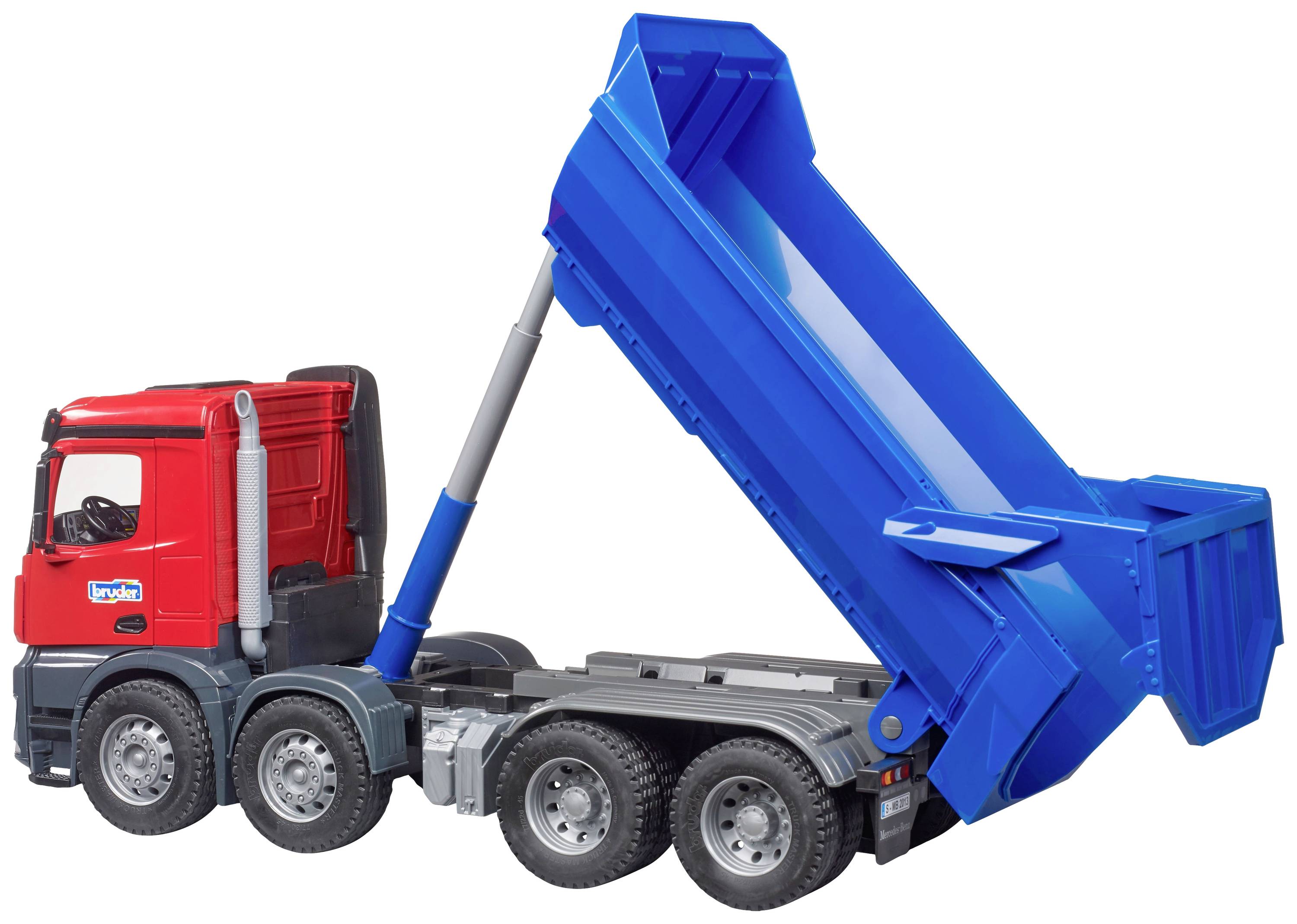 Spielzeug-Lkw mit rotem Führerhaus und kippbarer blauer Ladefläche, seitlich gesehen.