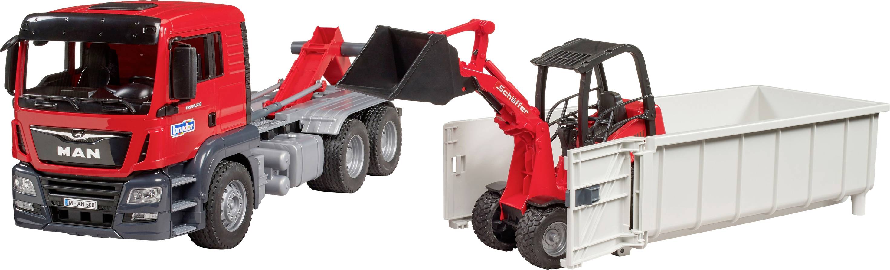 Roter Spielzeug-LKW mit schwarzer Schaufel und Anhänger beladen mit Mini-Bagger.