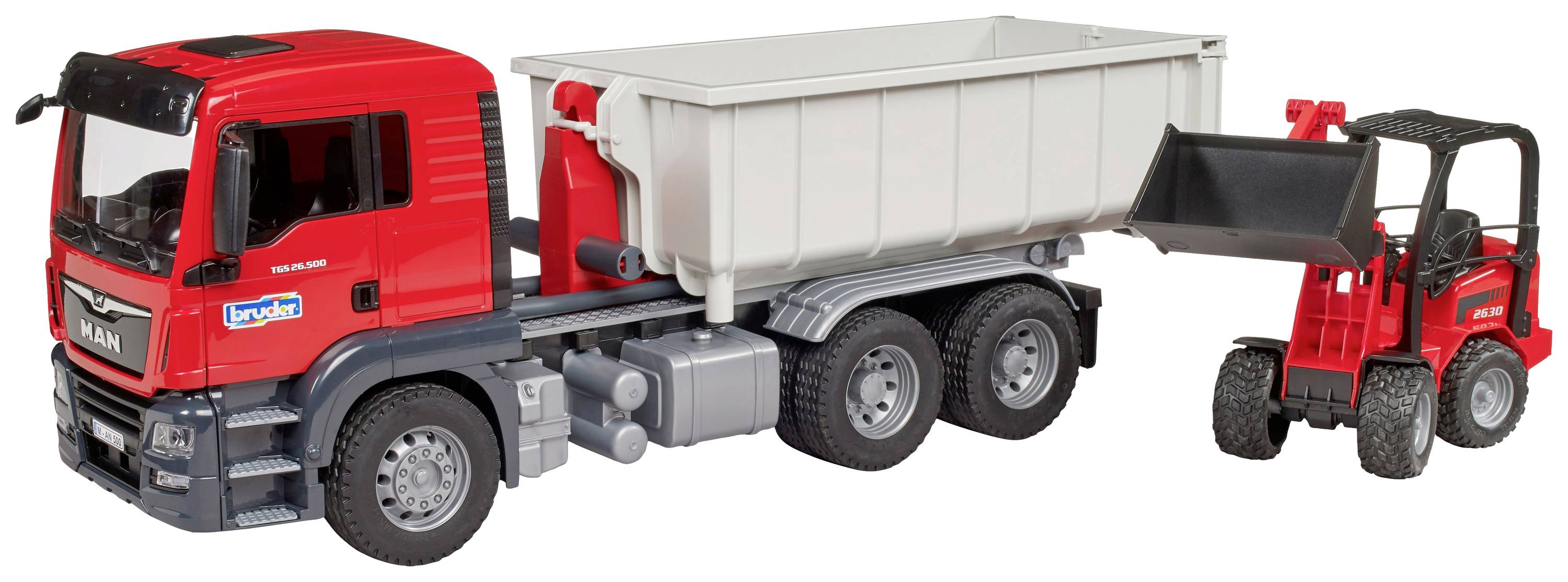 Bruder LKW Modell MAN TGS mit Abrollcontainer + Schäffer Hoflader Fertigmodell