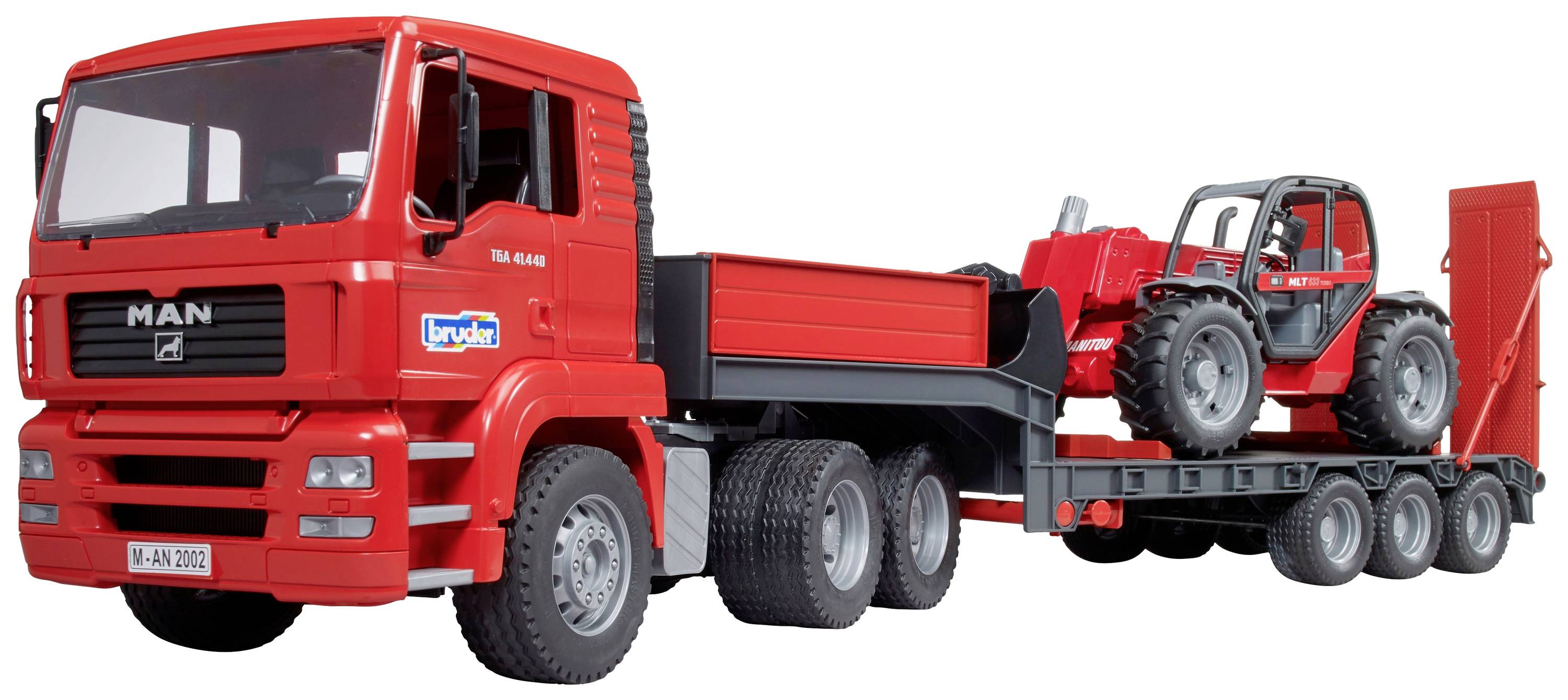 Ein roter Lkw transportiert ein kleines Baufahrzeug auf seinem Anhänger. Beide Fahrzeuge sind im Maßstab verkleinert dargestellt.