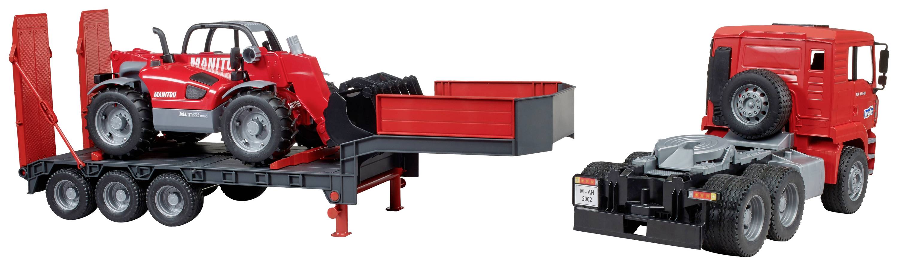 Bruder MAN TGA Tieflader mit Manitou Teleskoplader Fertigmodell Baufahrzeug Modell