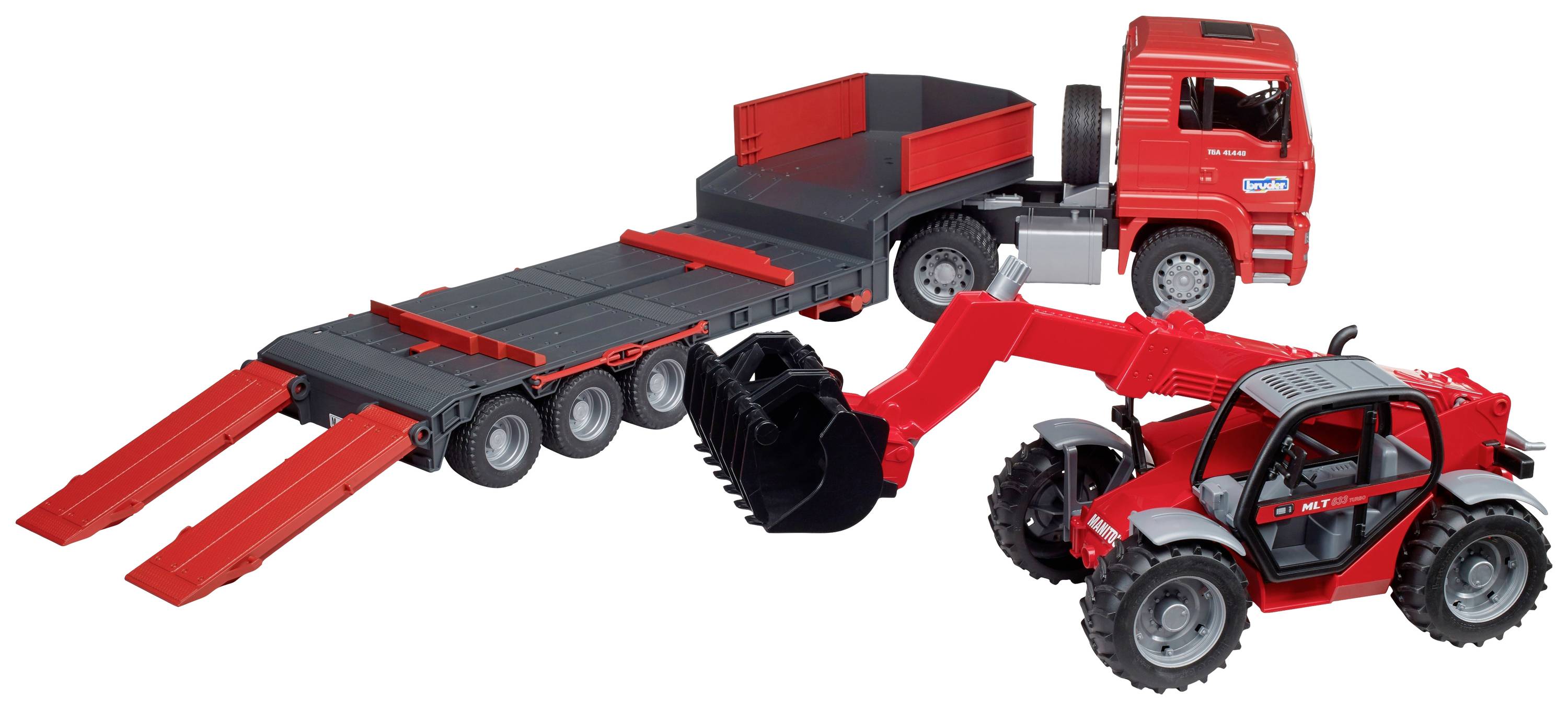 Bruder MAN TGA Tieflader mit Manitou Teleskoplader Fertigmodell Baufahrzeug Modell