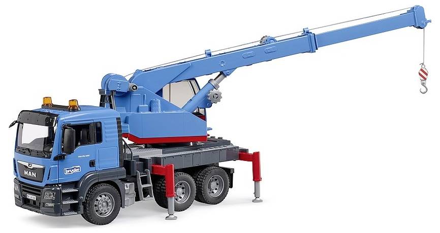 Blauer Spielzeug-Kranwagen mit ausfahrbarem Arm und Haken, auf vier Stützen stehend.