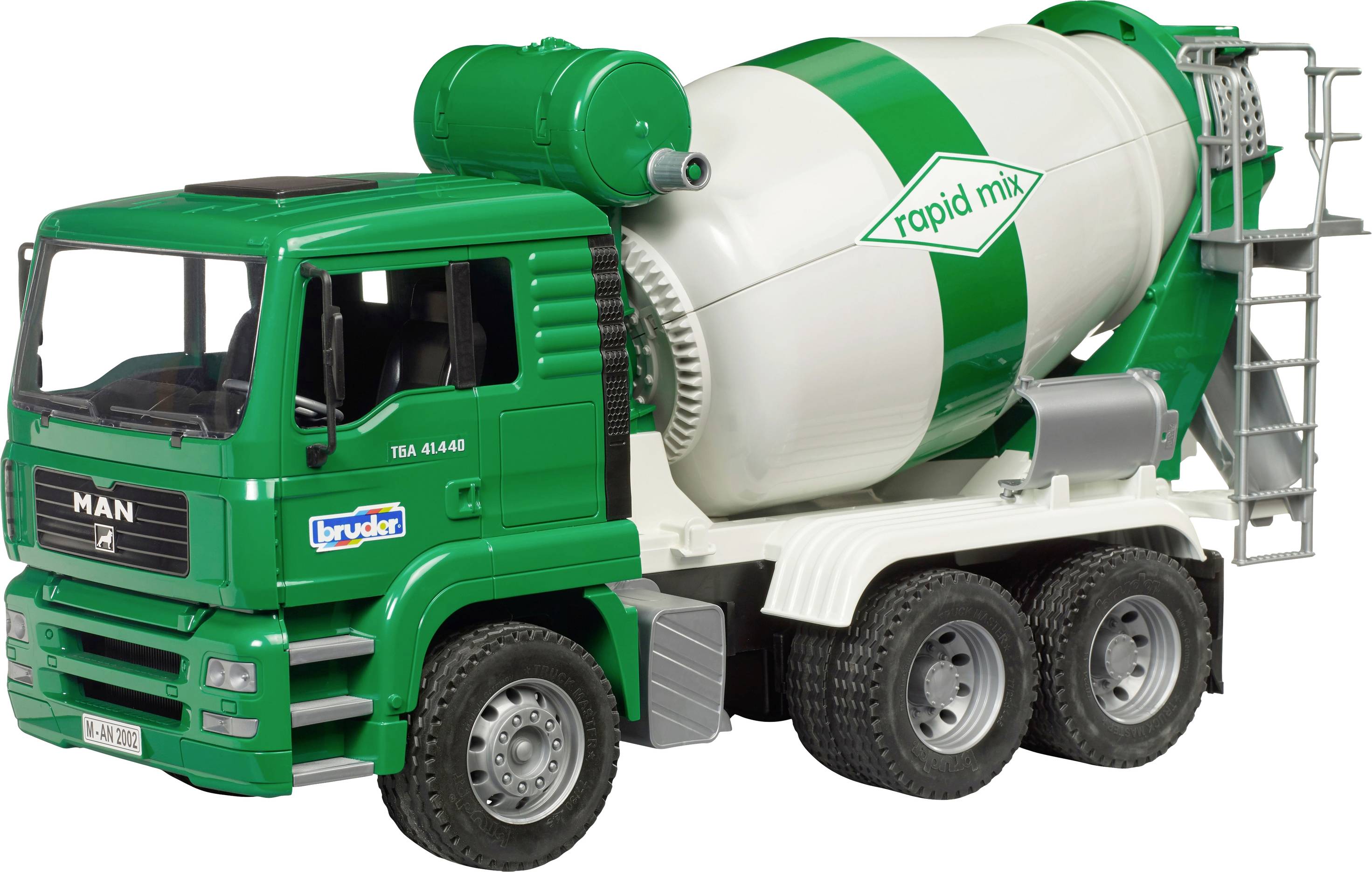Ein grüner Spielzeug-LKW mit Betonmischer und 'rapid mix' Aufschrift. Der LKW hat sechs Räder und Details wie Auspuff und Kabine.