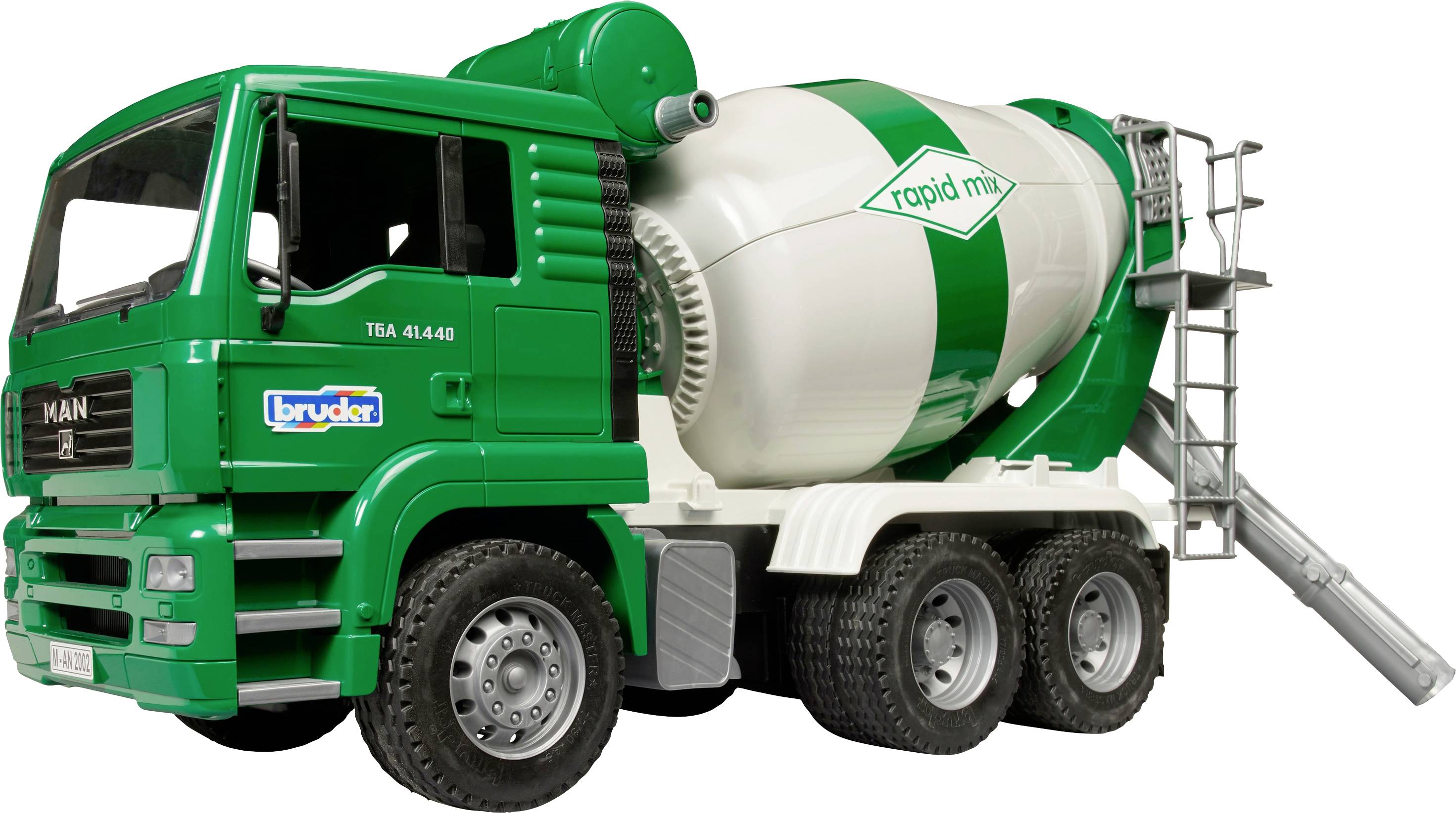 Ein grüner Spielzeug-Betonmischer-LKW mit weißer Trommel, auf der 'rapid mix' steht, steht seitlich, bereit zum Einsatz.