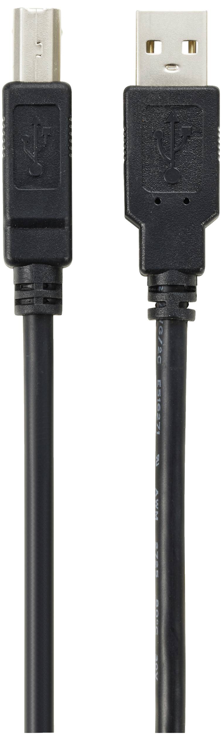 Zwei schwarze Kabelenden: links ein USB-B-Stecker, rechts ein USB-A-Stecker, häufig für Drucker und Computerverbindungen verwendet.