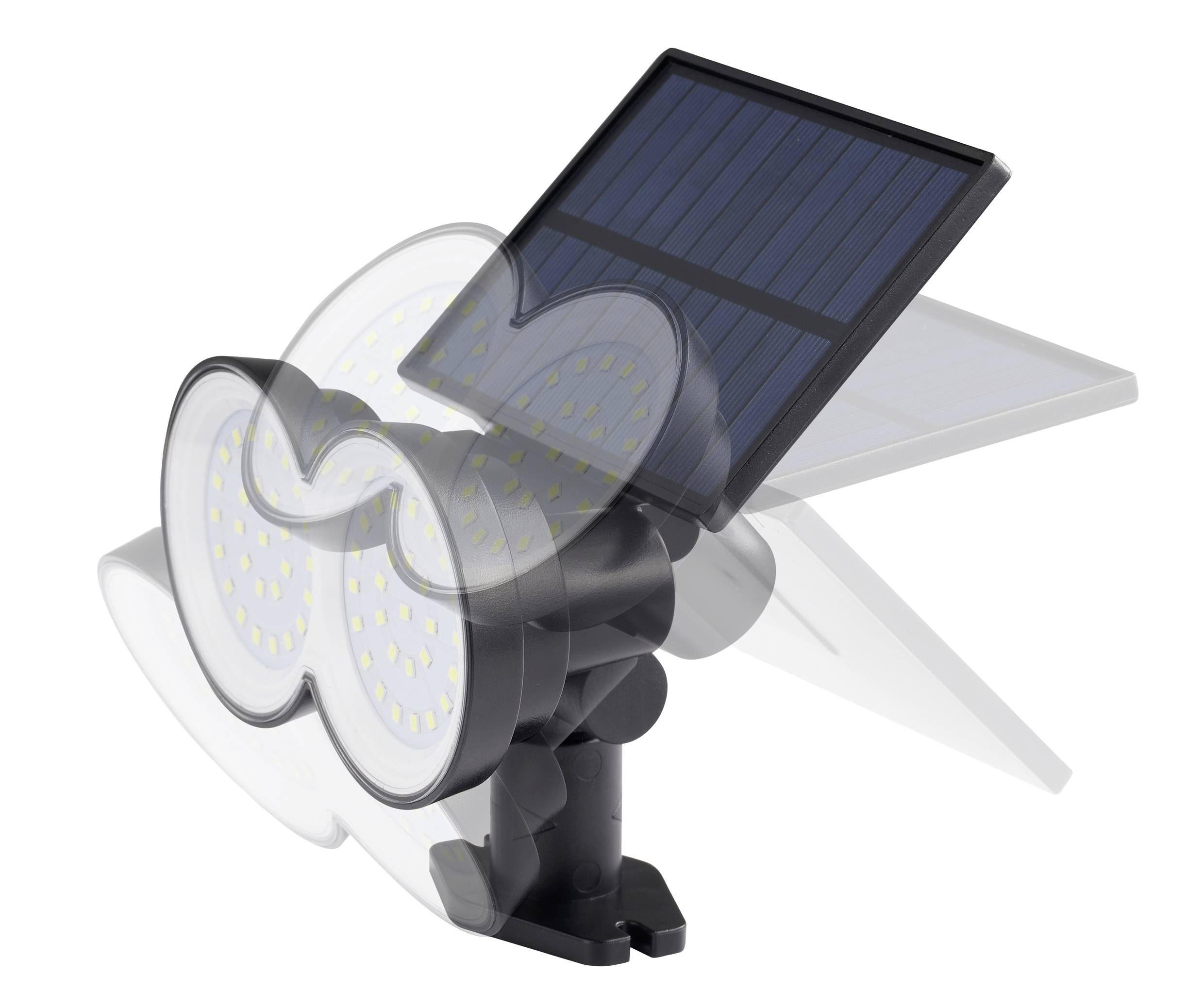 Bewegliche LED-Solarleuchte mit Solarpanel, geeignet für den Außenbereich. Sie hat zwei einstellbare Lichtköpfe für flexible Beleuchtung.