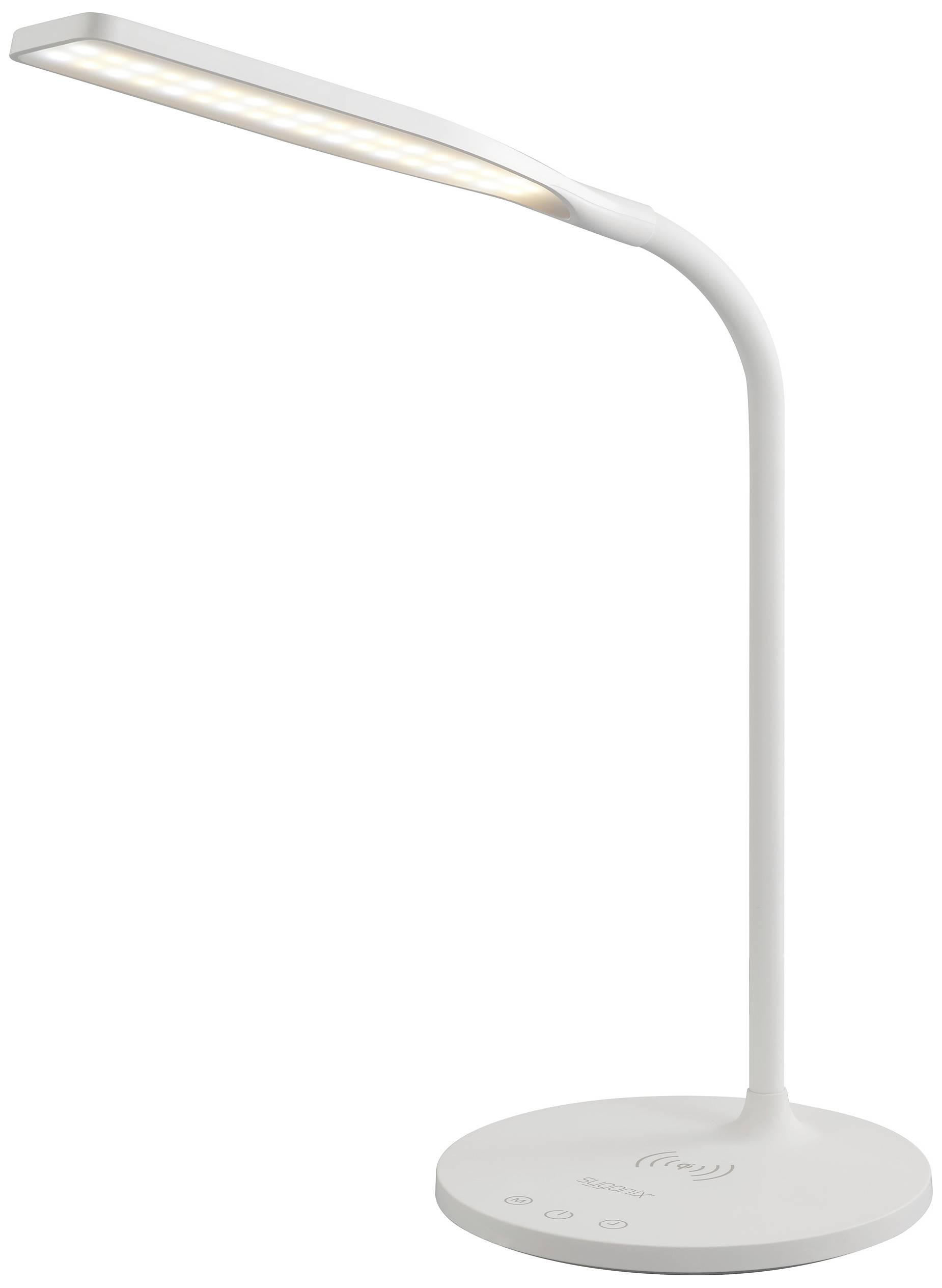 Weiße, schlanke Tischlampe mit biegsamem Arm und LED-Leuchte, auf rundem Standfuß mit Touch-Bedienfeld.