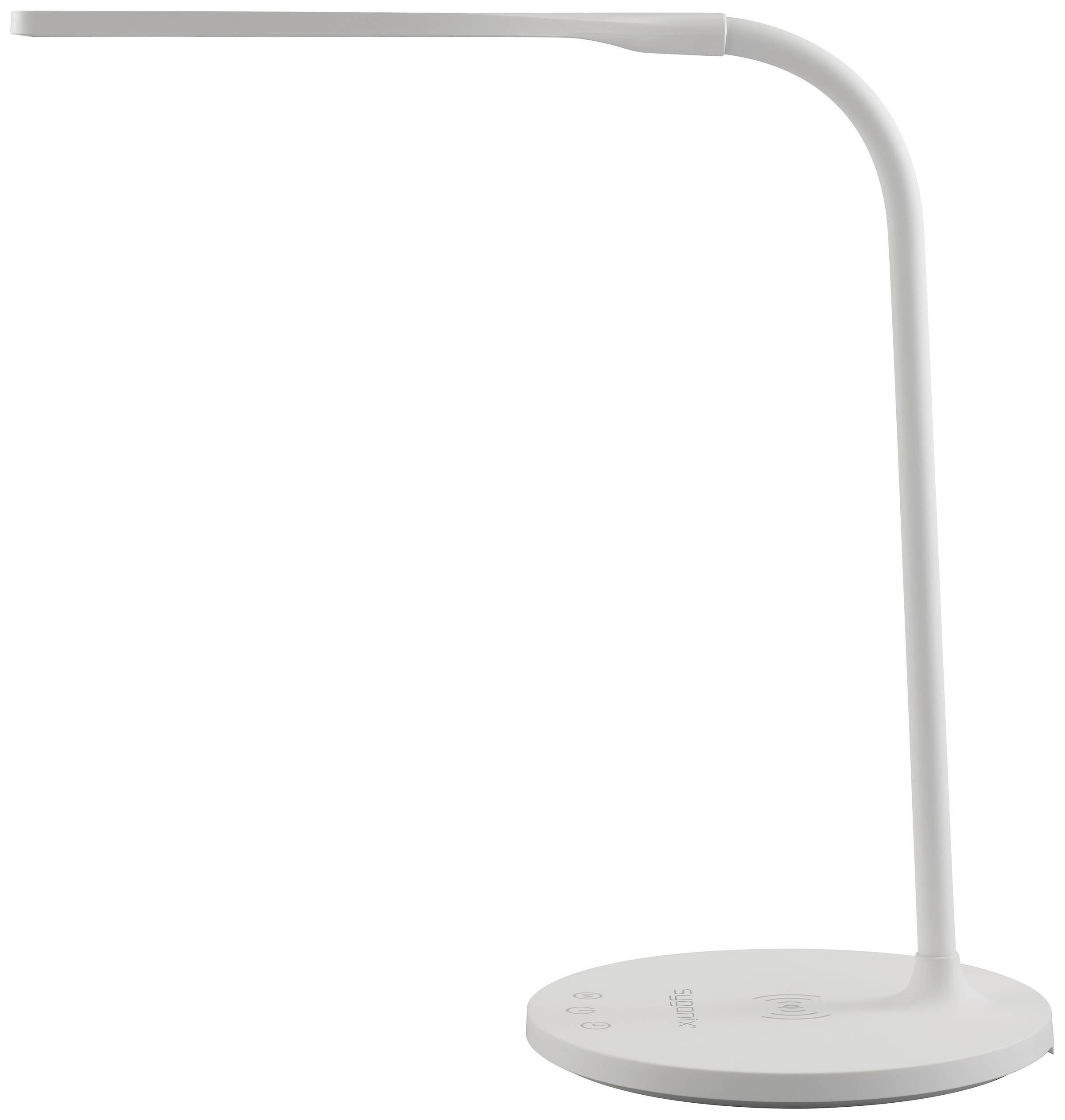 Eine minimalistische weiße Schreibtischlampe mit einem geschwungenen Arm und rundem Fuß, ideal für modernes Bürodesign.