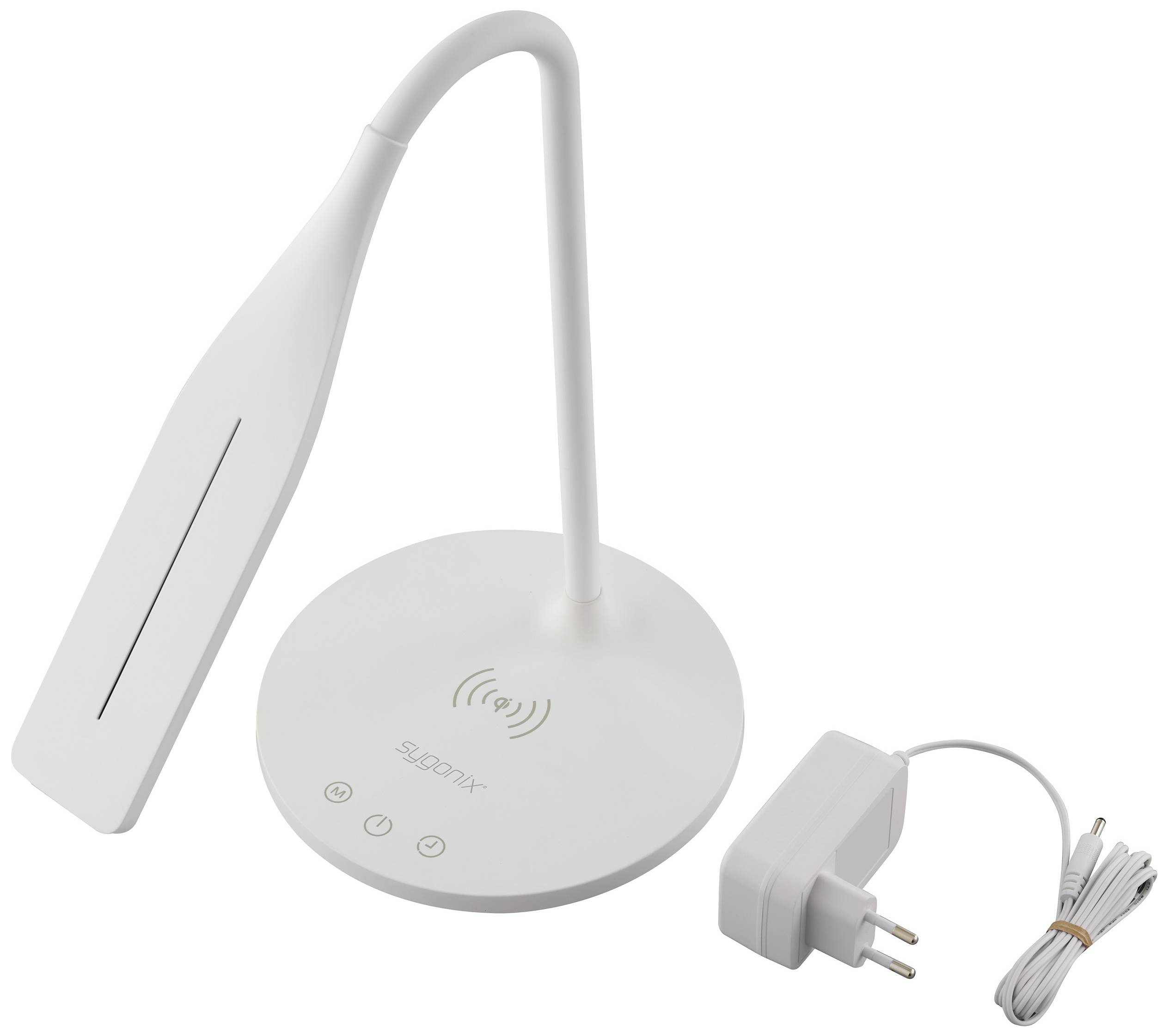 Weiße LED-Tischlampe mit flexiblem Schwanenhals. Integrierte kabellose Ladefunktion im Sockel. Enthält ein Netzteil mit Kabel.