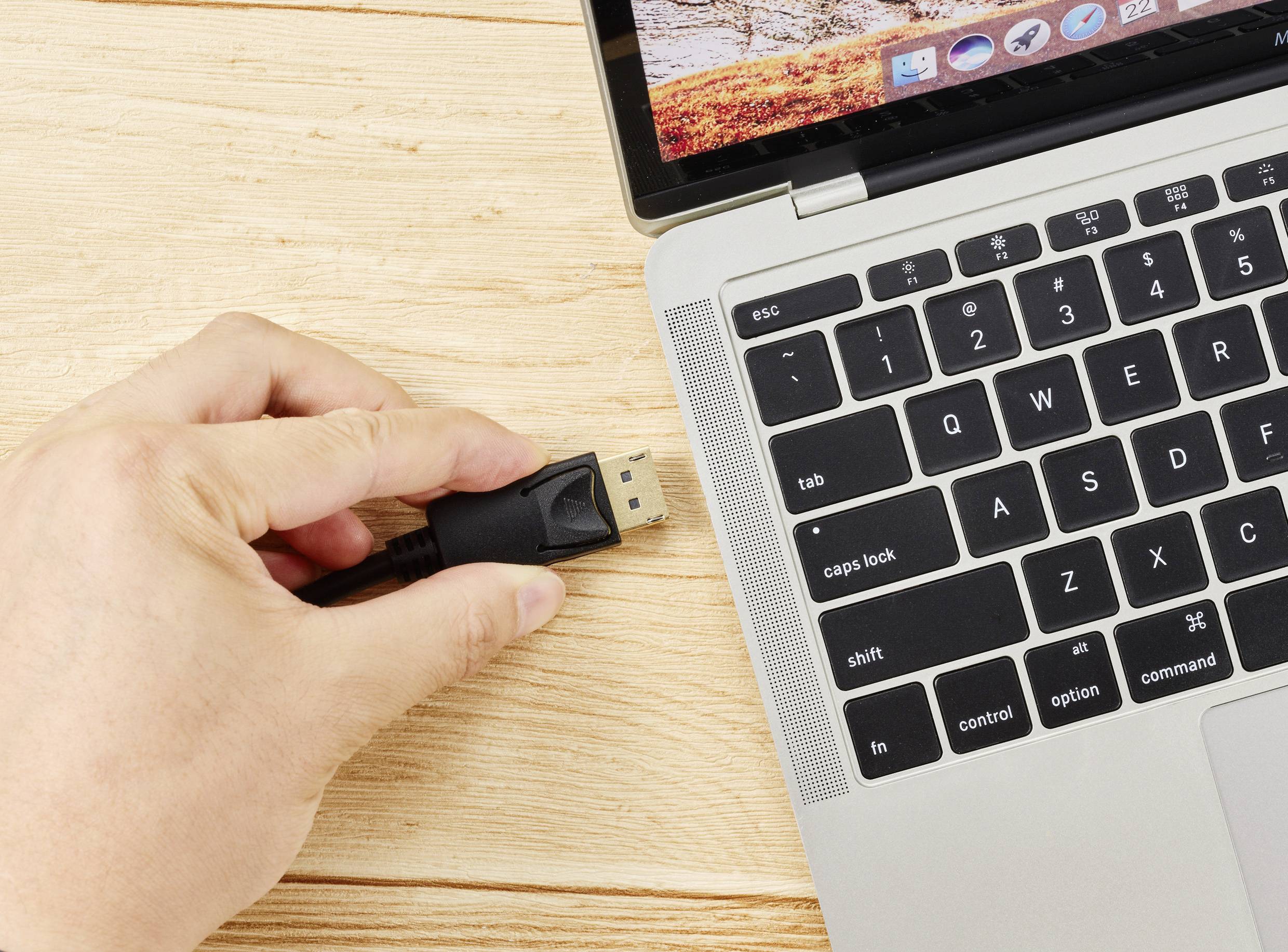 Hand hält ein HDMI-Kabel neben einem Laptop. Der Laptop hat eine geöffnete Tastatur und einen Bildschirm mit Naturhintergrund.