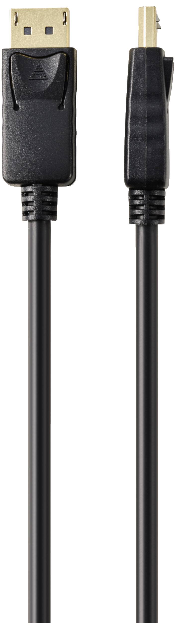 Ein schwarzes DisplayPort-Kabel mit zwei Steckern.