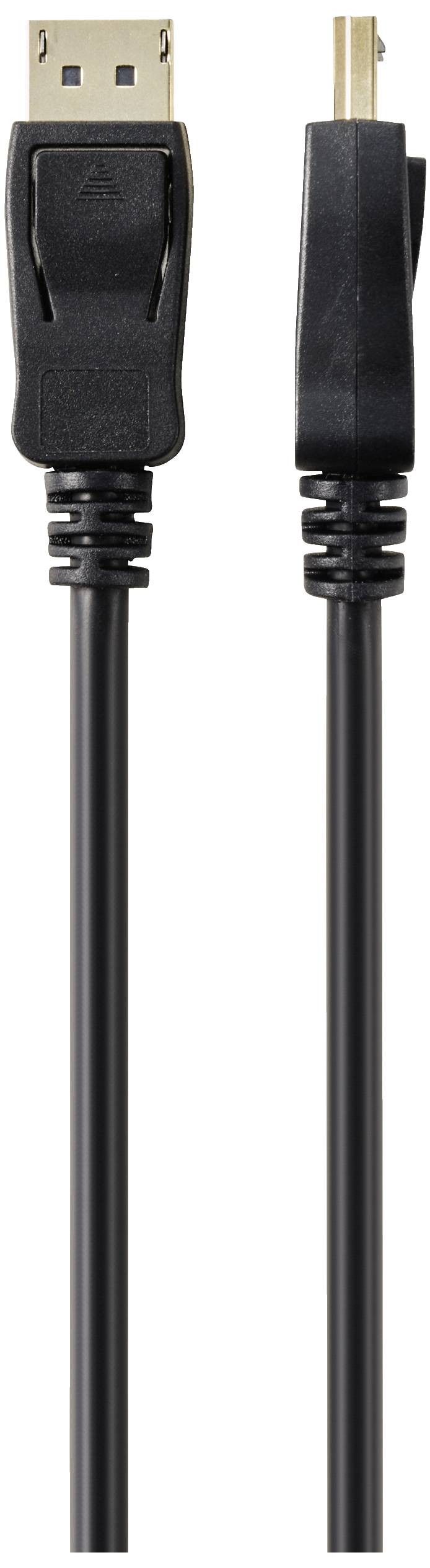 Schwarzes Kabel mit DisplayPort-Stecker auf der linken Seite und Mini DisplayPort-Stecker auf der rechten Seite.