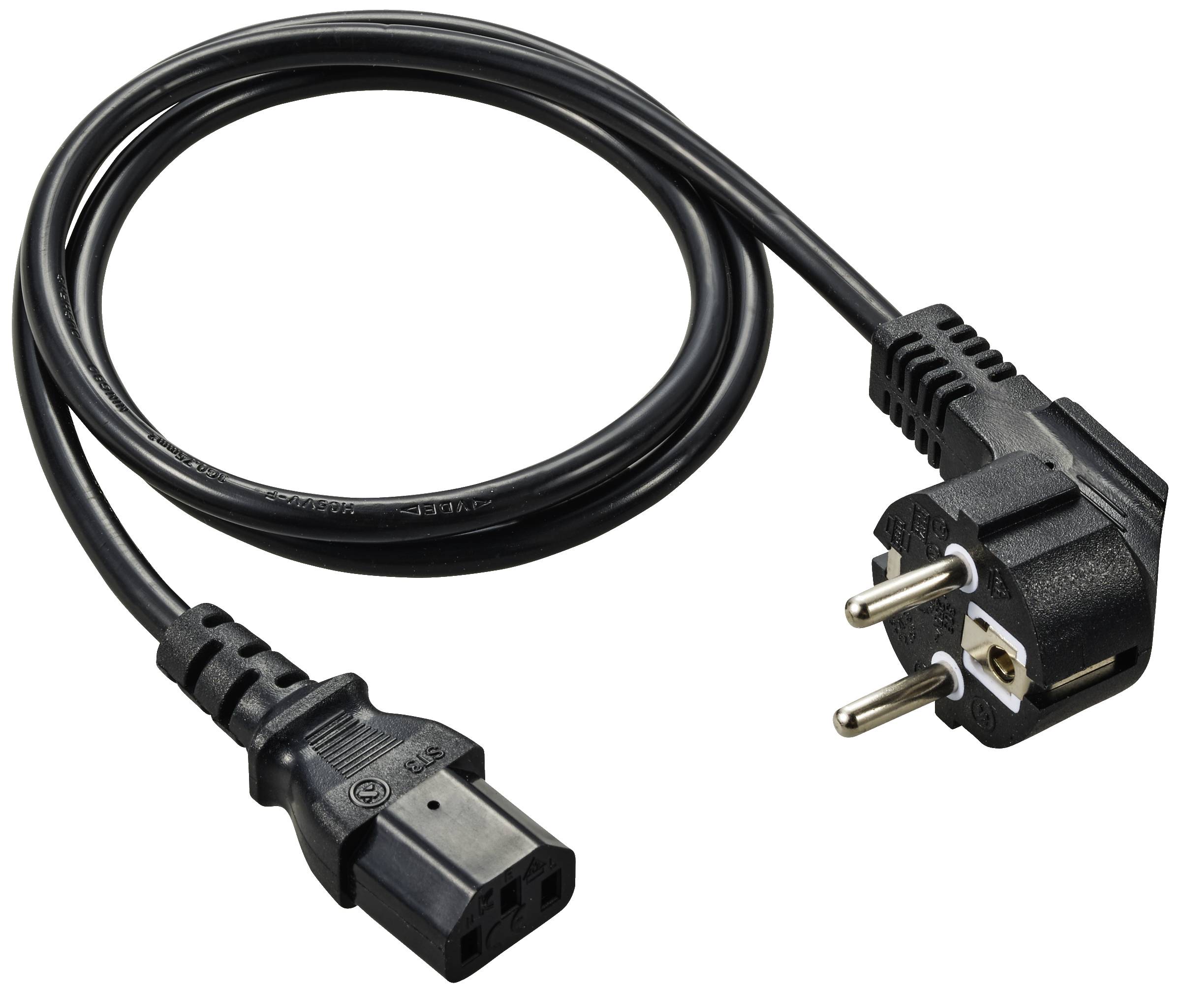 Schwarzes Netzkabel mit Schuko-Stecker links und Kaltgerätestecker rechts, geeignet für Elektrogeräte und Computer.