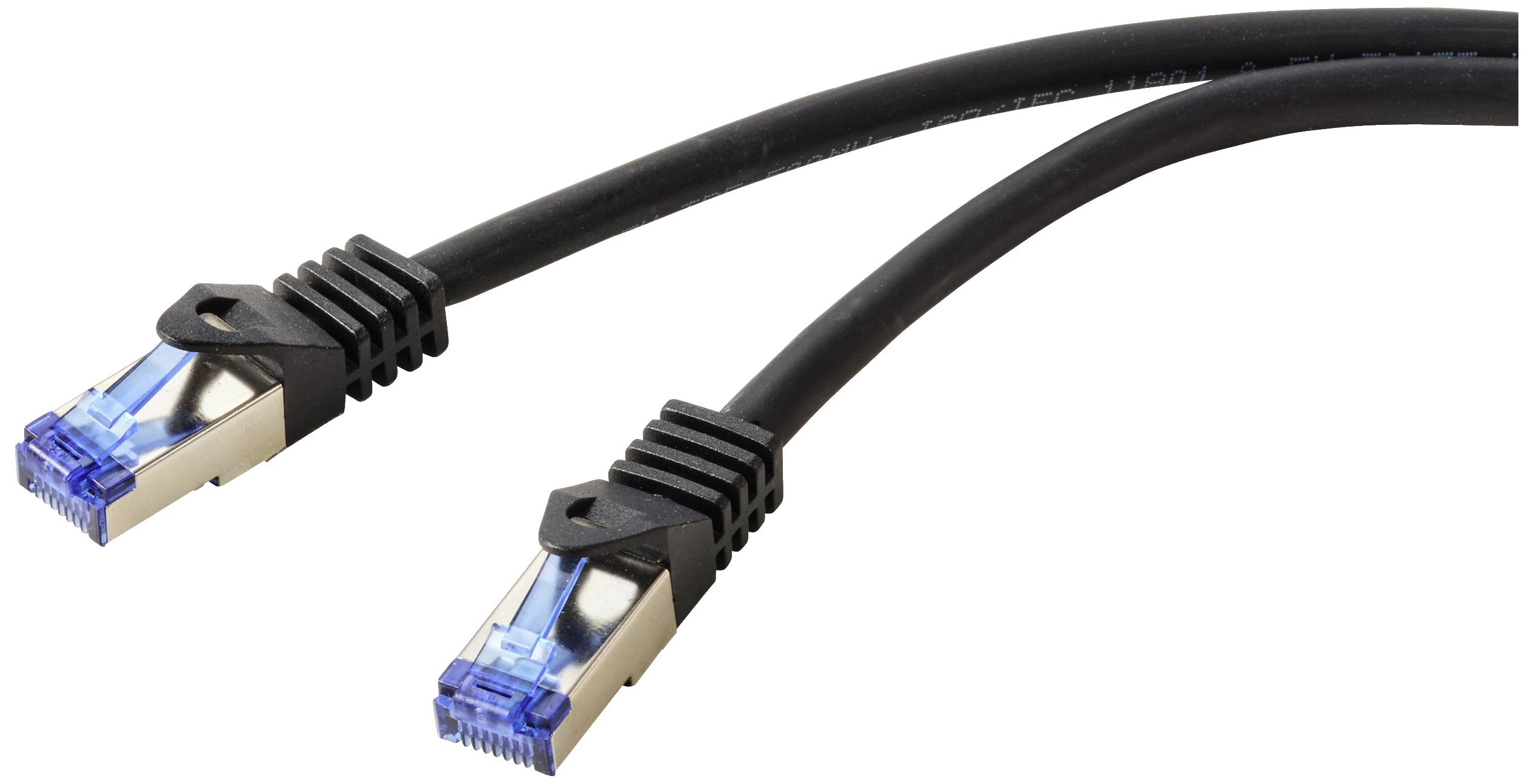 Zwei schwarze Ethernet-Kabel mit blauen Steckern, oft verwendet für Netzwerkverbindungen in Computern oder Routern.