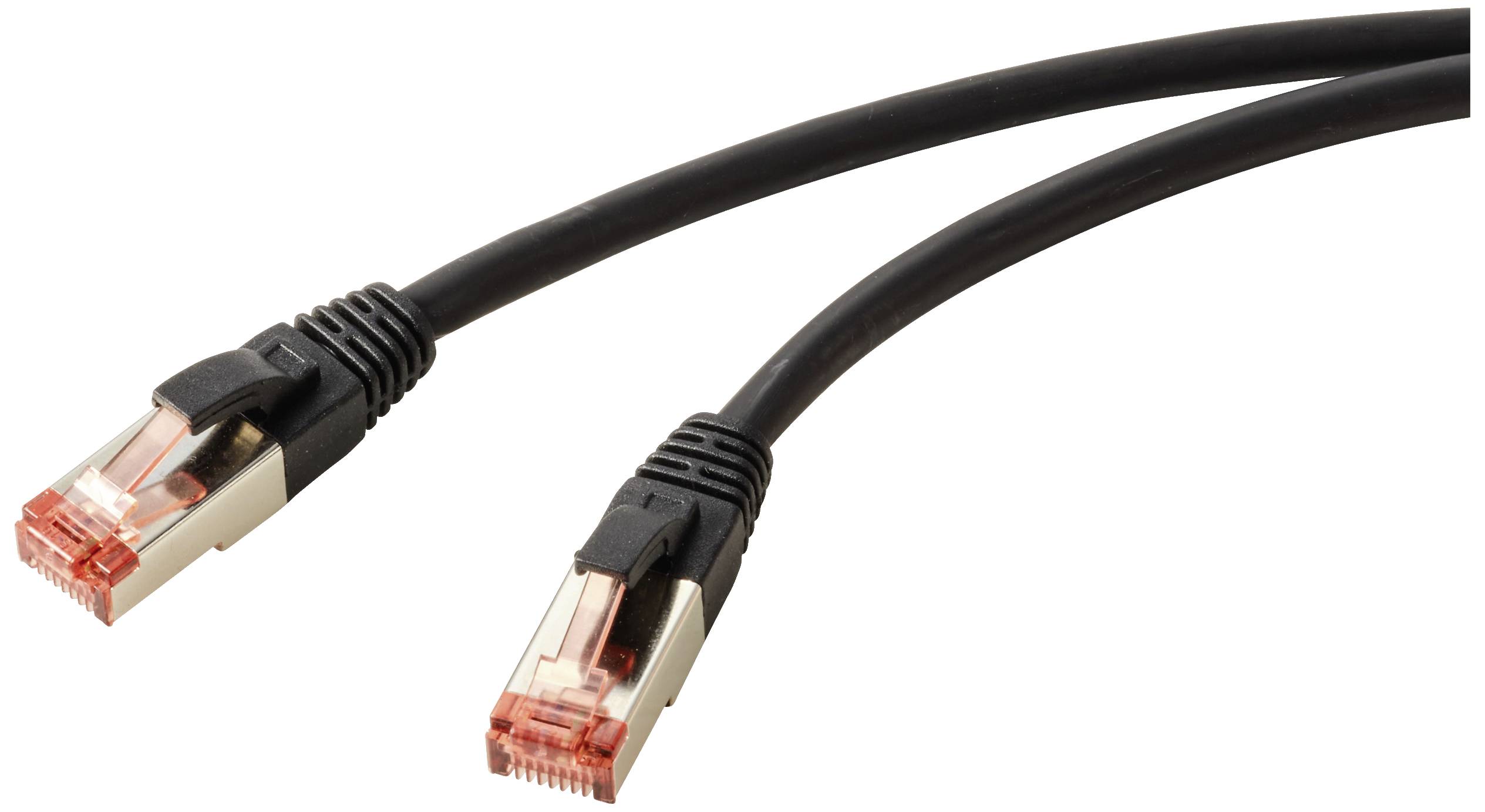 Zwei schwarze Ethernet-Kabel mit transparenten Steckern, die für Netzwerkverbindungen verwendet werden.